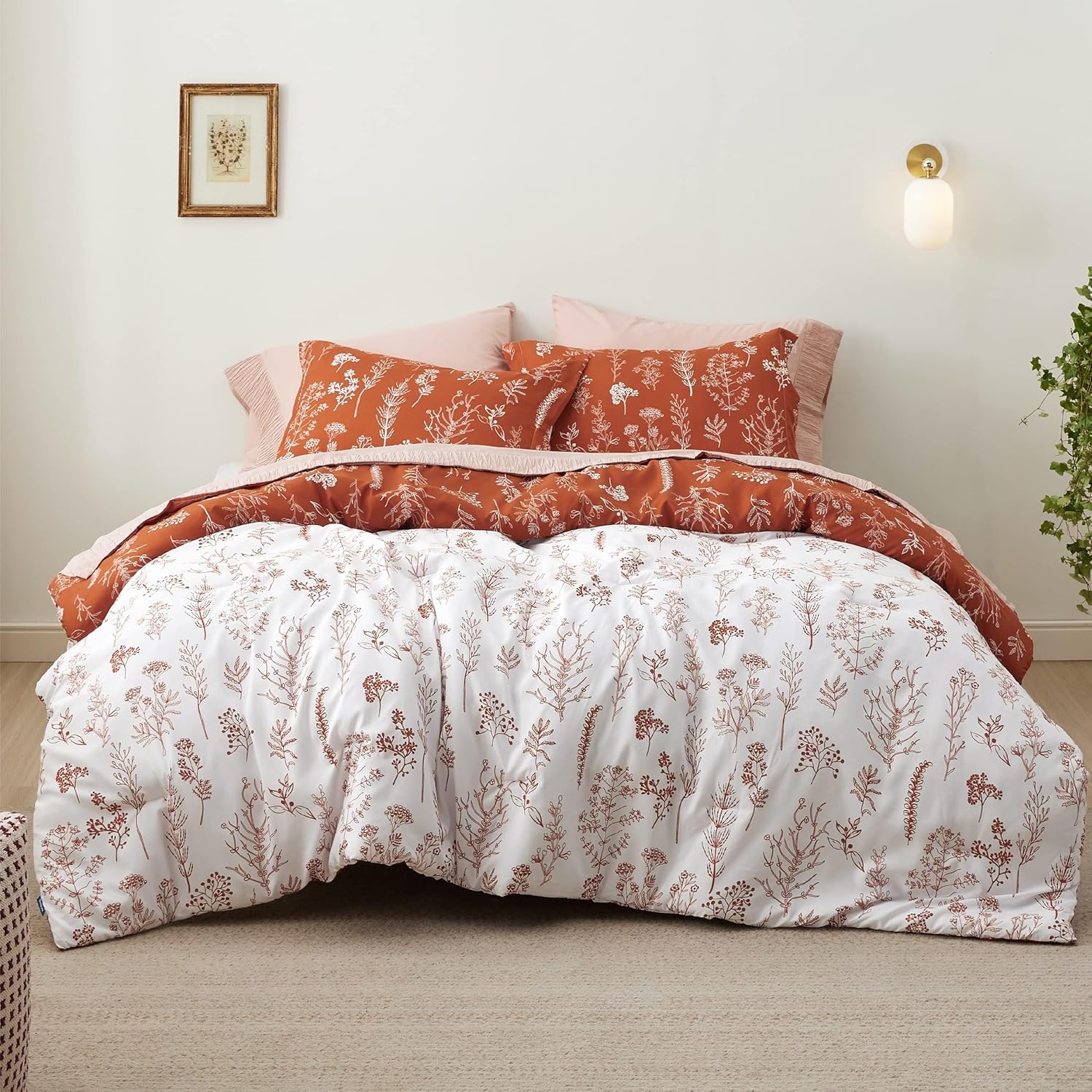 Bedsure Juego de edredón tamaño matrimonial, edredón terracota, bonitos juegos de edredón floral, 3 piezas, 1 edredón reversible suave con flores
