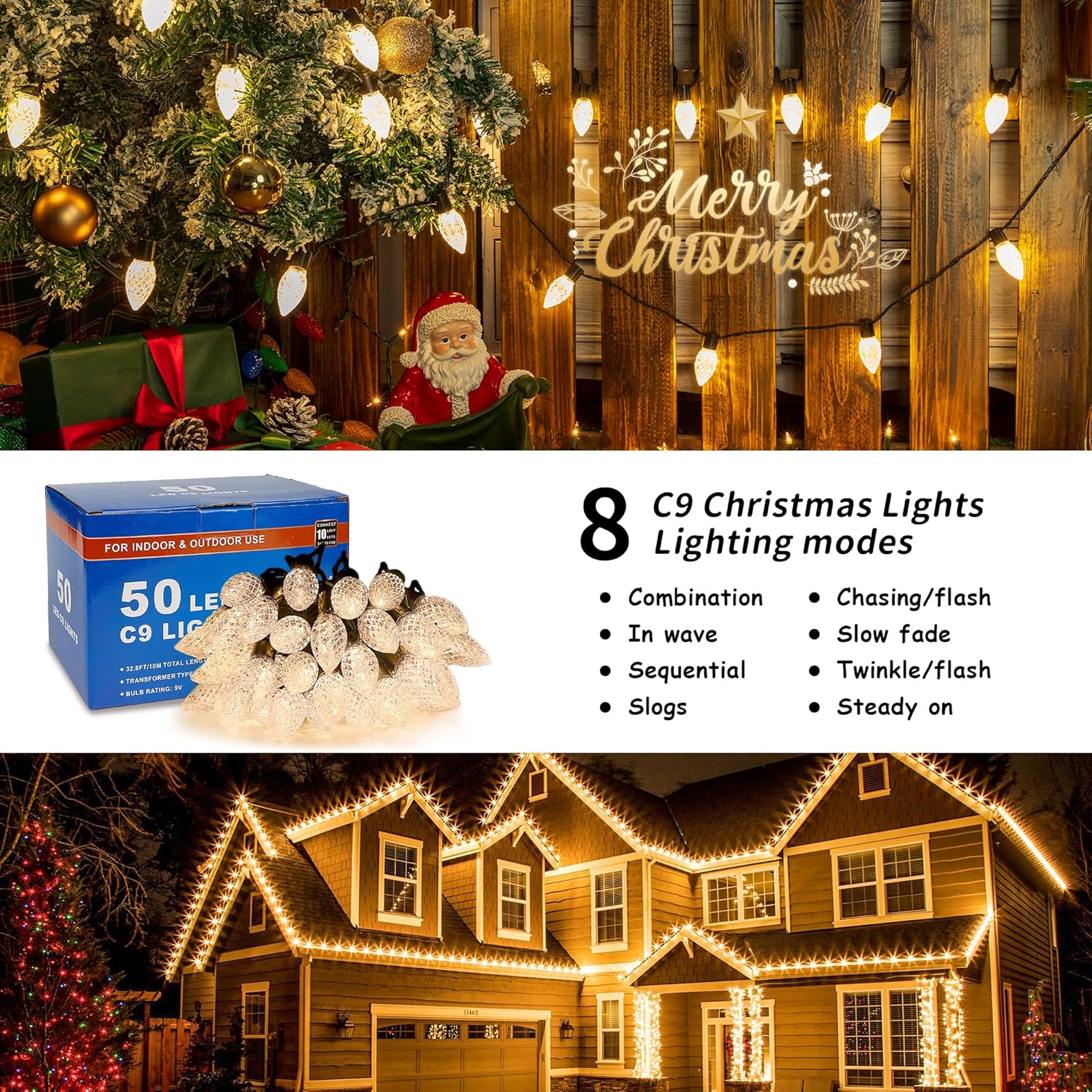 Pellimo C9 – Juego de 50 luces LED blancas de Navidad de 33 pies para interiores y exteriores, luces de Navidad para jardín, patio, fiesta,