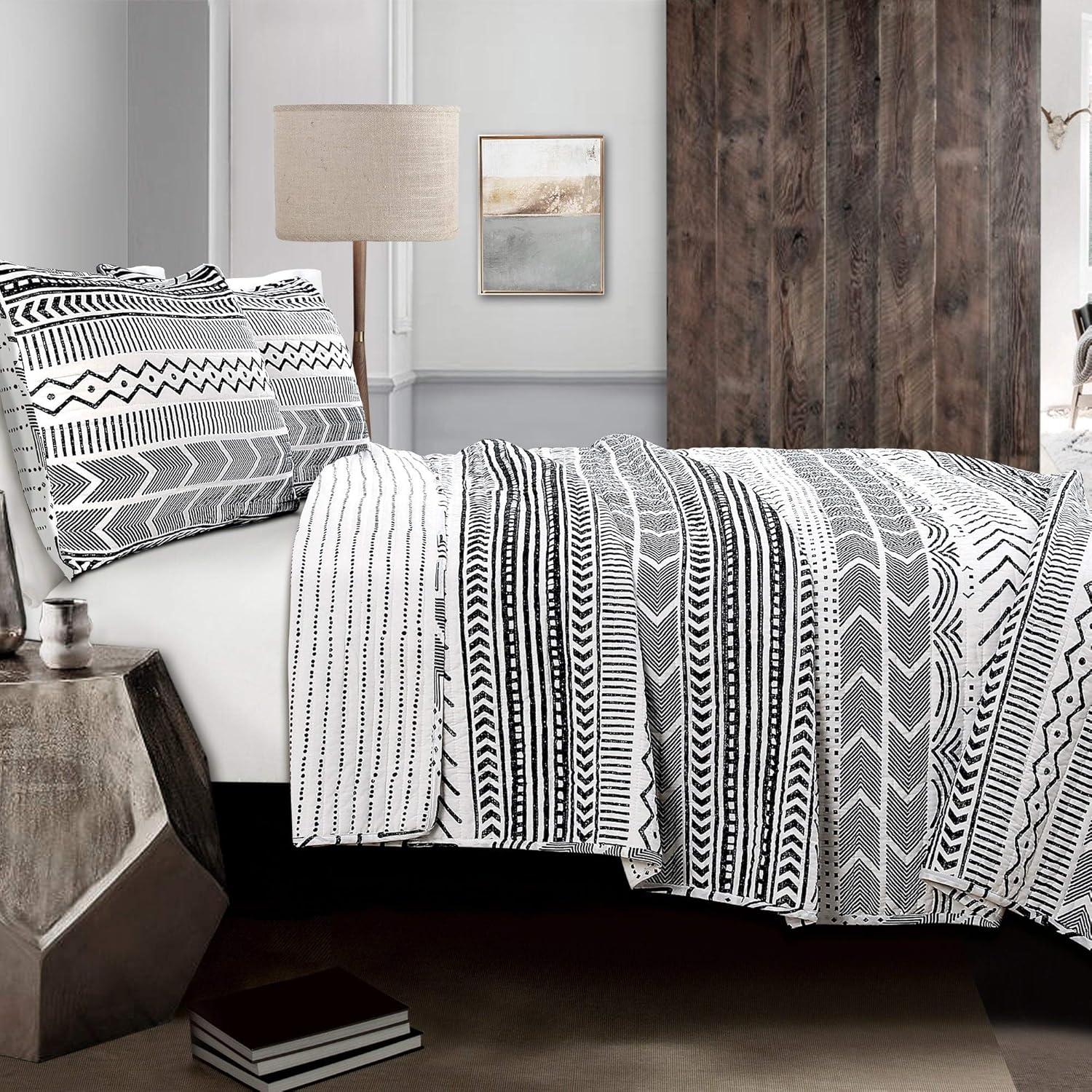 Lush Decor Hygge – Juego de ropa de cama de 3 piezas con diseño a rayas, tamaño matrimonialqueen, marfil