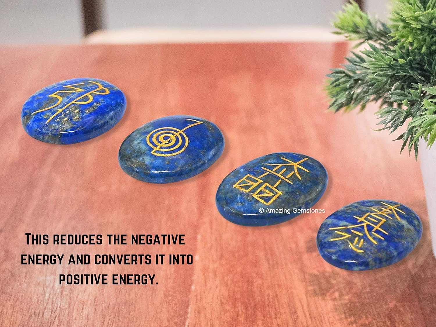 Piedras de reiki de cristal de lapislázuli con símbolos grabados para curación Usui Reiki, juego de 4 piezas (juego de regalo de reiki hecho a mano