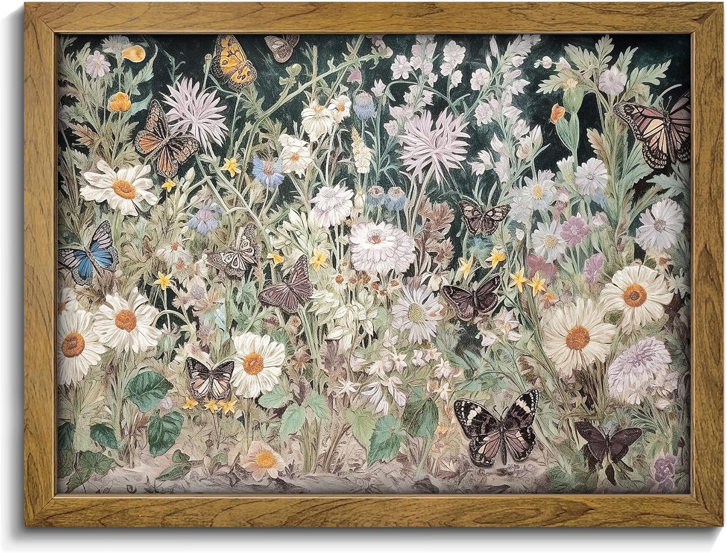 BANMU Pintura de jardín de mariposas de flores silvestres – Arte de pared botánico oscuro de primavera, pintura floral tonificada con joyas para