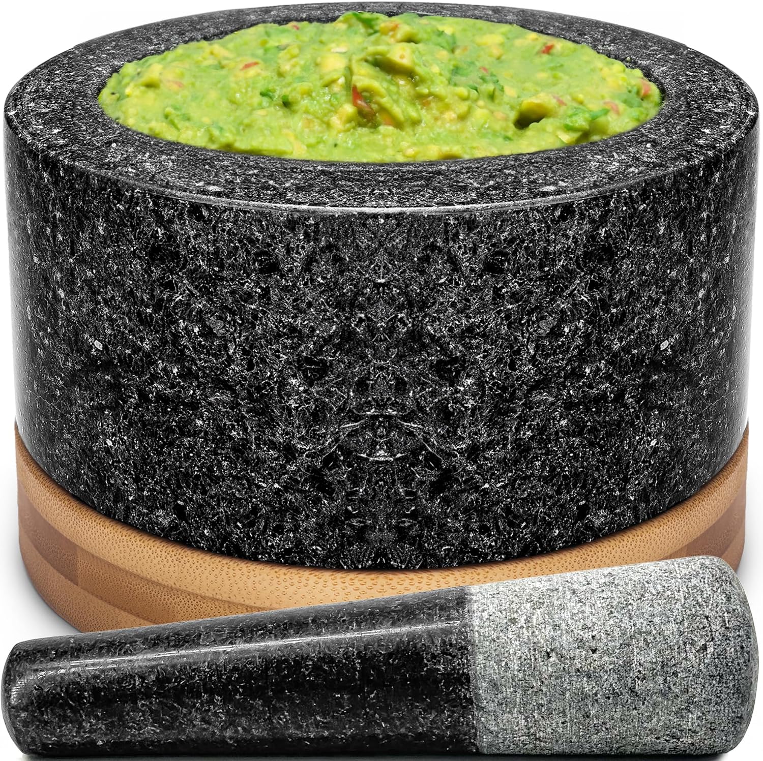 Juego de mortero y mortero de alta resistencia con base de bambú, mortero de granito 100% natural y cuenco de molinillo de piedra pequeño, cuenco