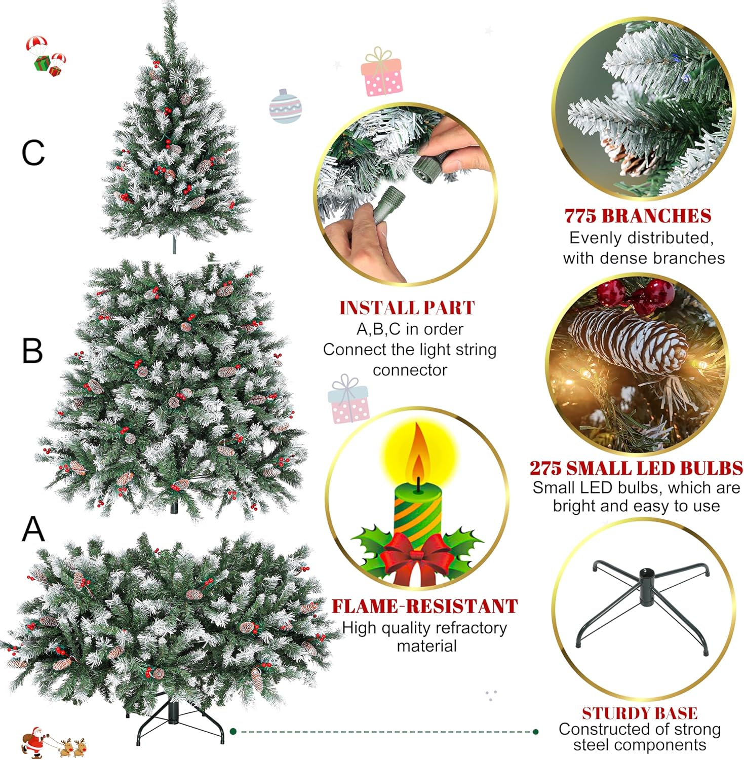 Árbol de Navidad artificial preiluminado de 6 pies con 275 luces LED, 56 conos de pino y bayas, para decoración navideña del hogar y la oficina