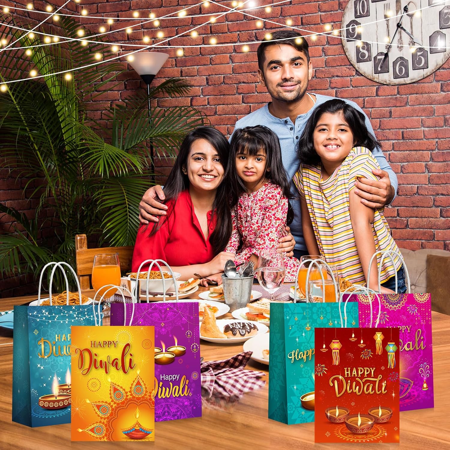Cholemy 18 bolsas de papel Diwali Happy Diwali con asas, bolsas de regalo de fiesta Diwali, bolsas de regalo de papel de seda, bolsas de dulces