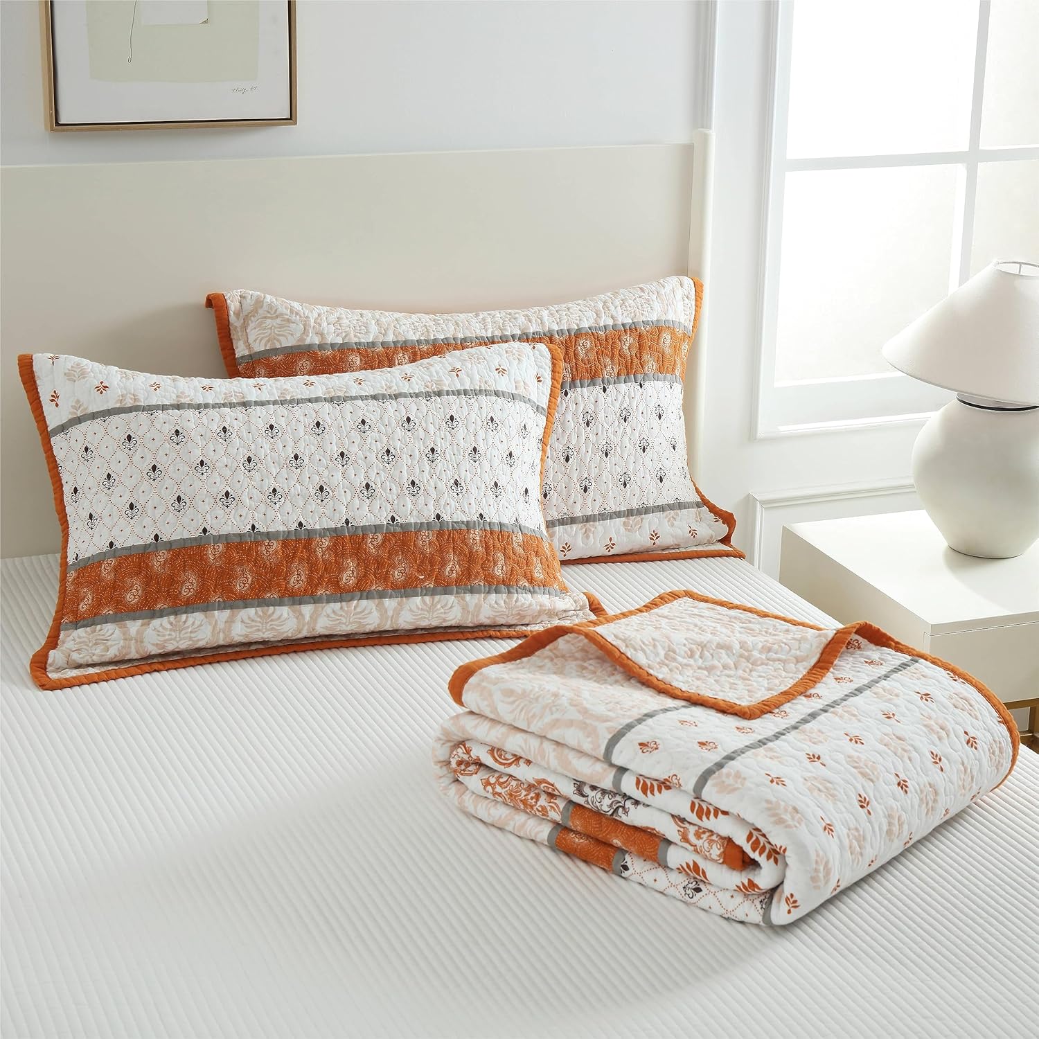 Edredón tamaño King juego de edredón floral 100% algodón, color naranja, suave, ligero, tamaño King, edredón reversible con 2 fundas de almohada