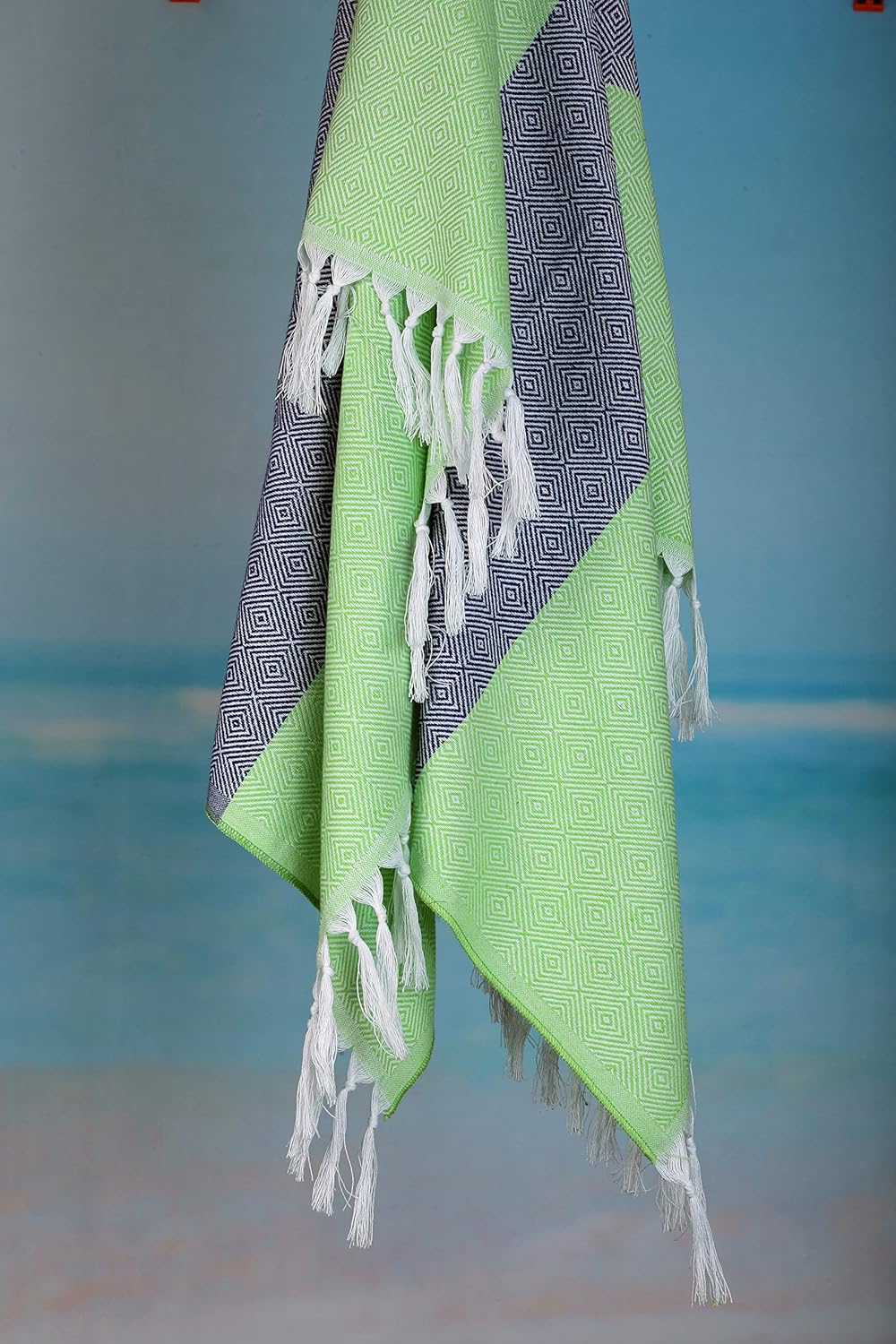 Toalla turca de playa y baño 100% algodón, 30 x 60 pulgadas, sin arena, ligera, de secado rápido (verde manzana con azul índigo)