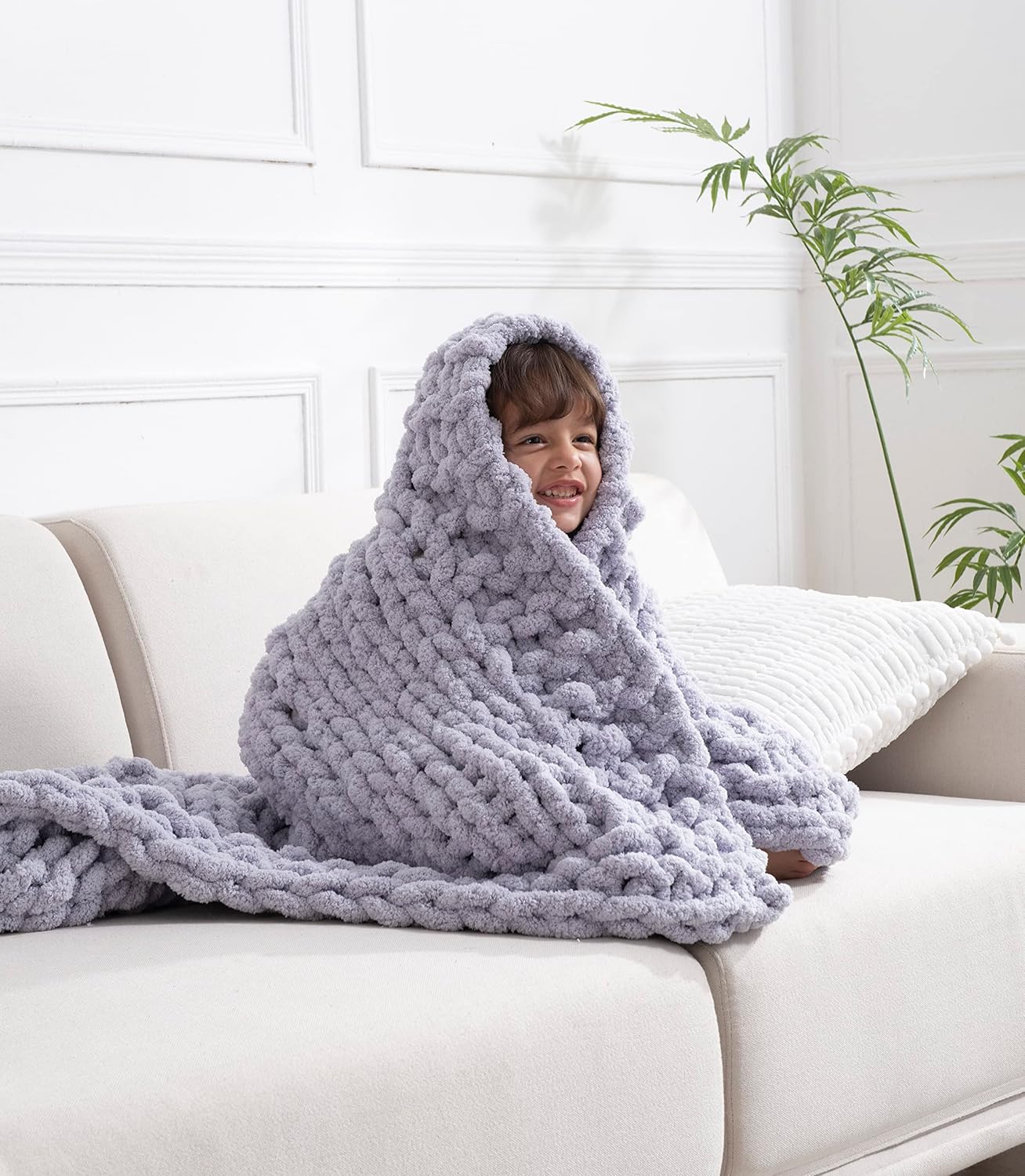 Manta de felpilla de punto grueso, 100% tejida a mano con hilo de felpilla jumbo, suave y acogedora para decoración del hogar y sofá cama (color