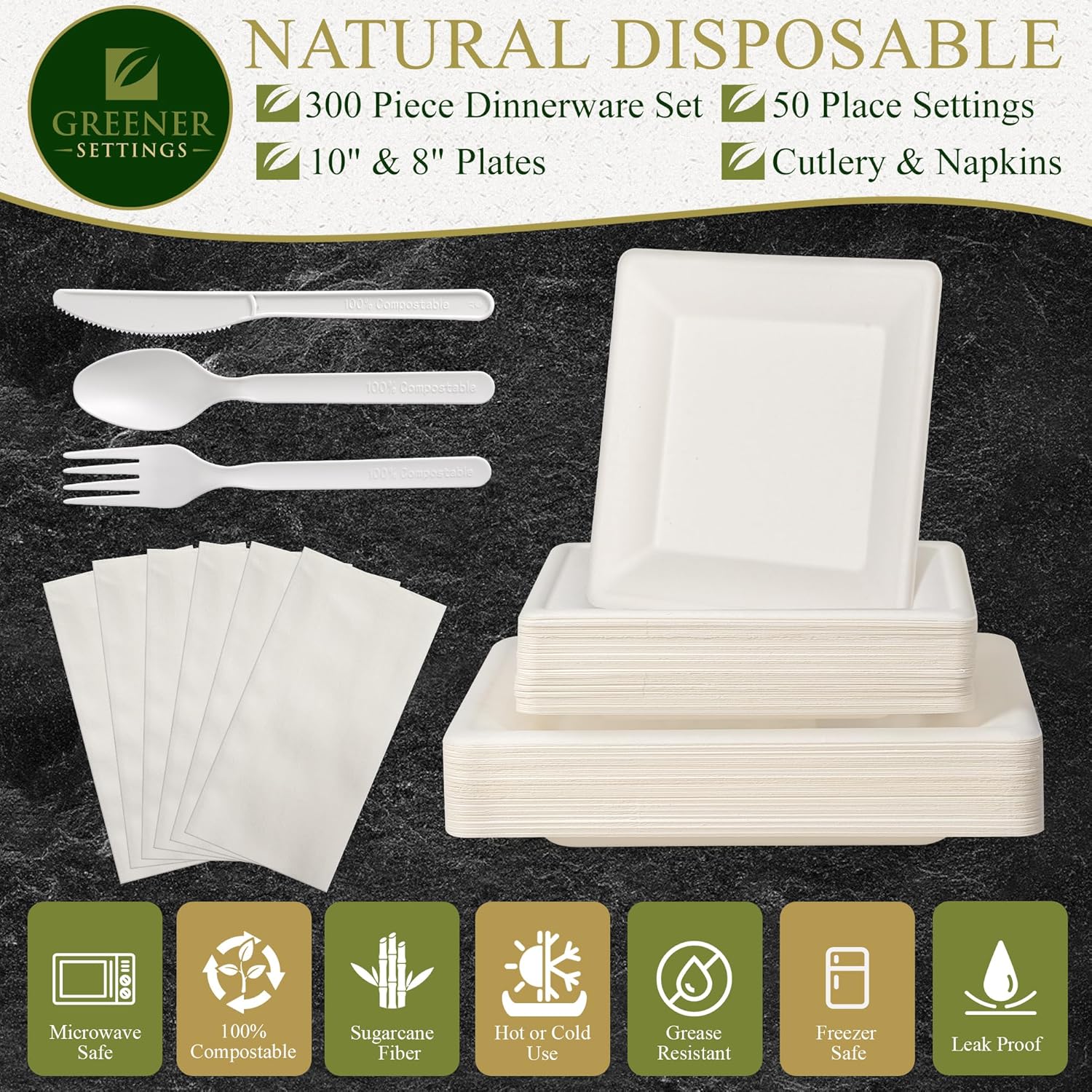 Greener Settings Juego de vajilla compostable de 300 piezas, platos ecológicos de caña de azúcar, biodegradables y desechables, 50 platos cuadrados,