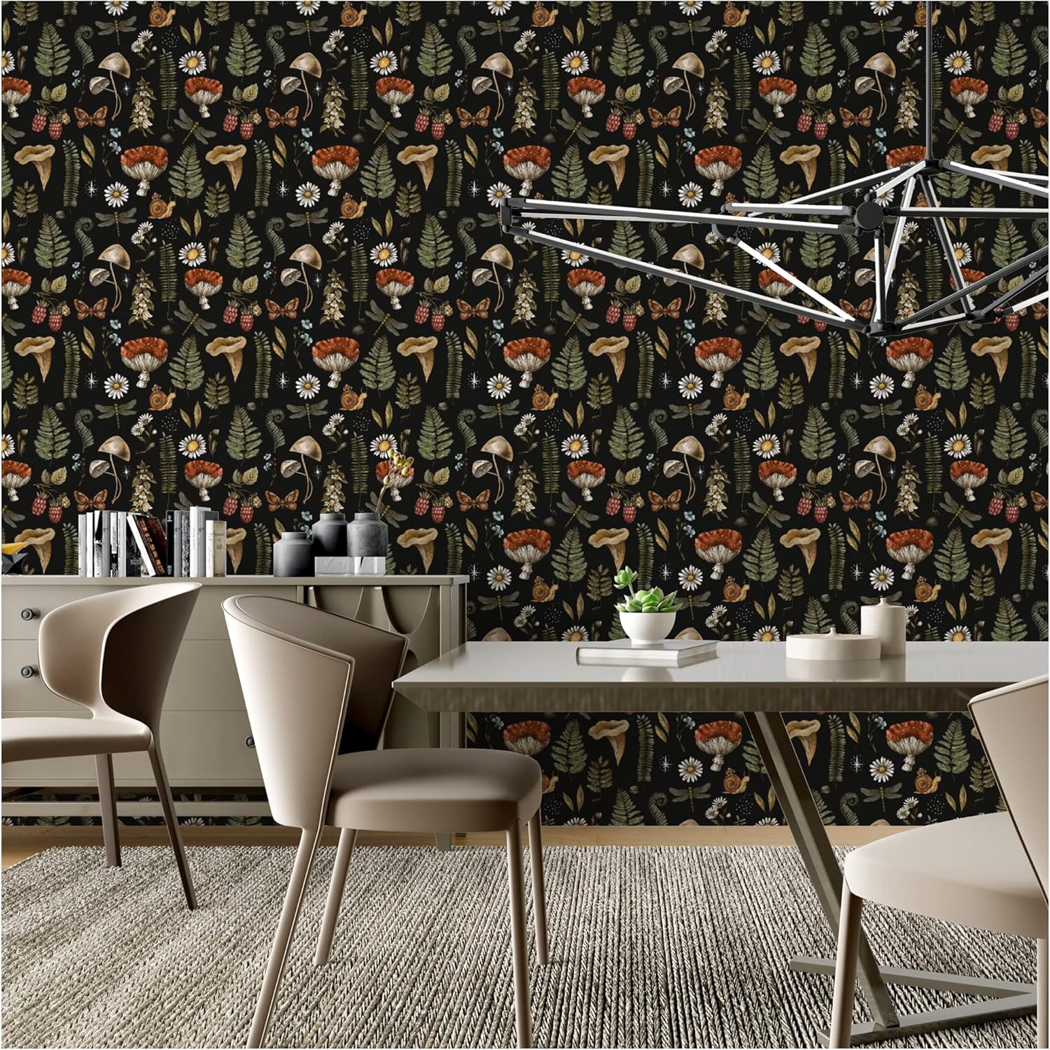 UniGoos Papel tapiz de helecho con caracoles y champiñones, vinilo retro, autoadhesivo, papel de pared temporal, fondo negro, papel de contacto