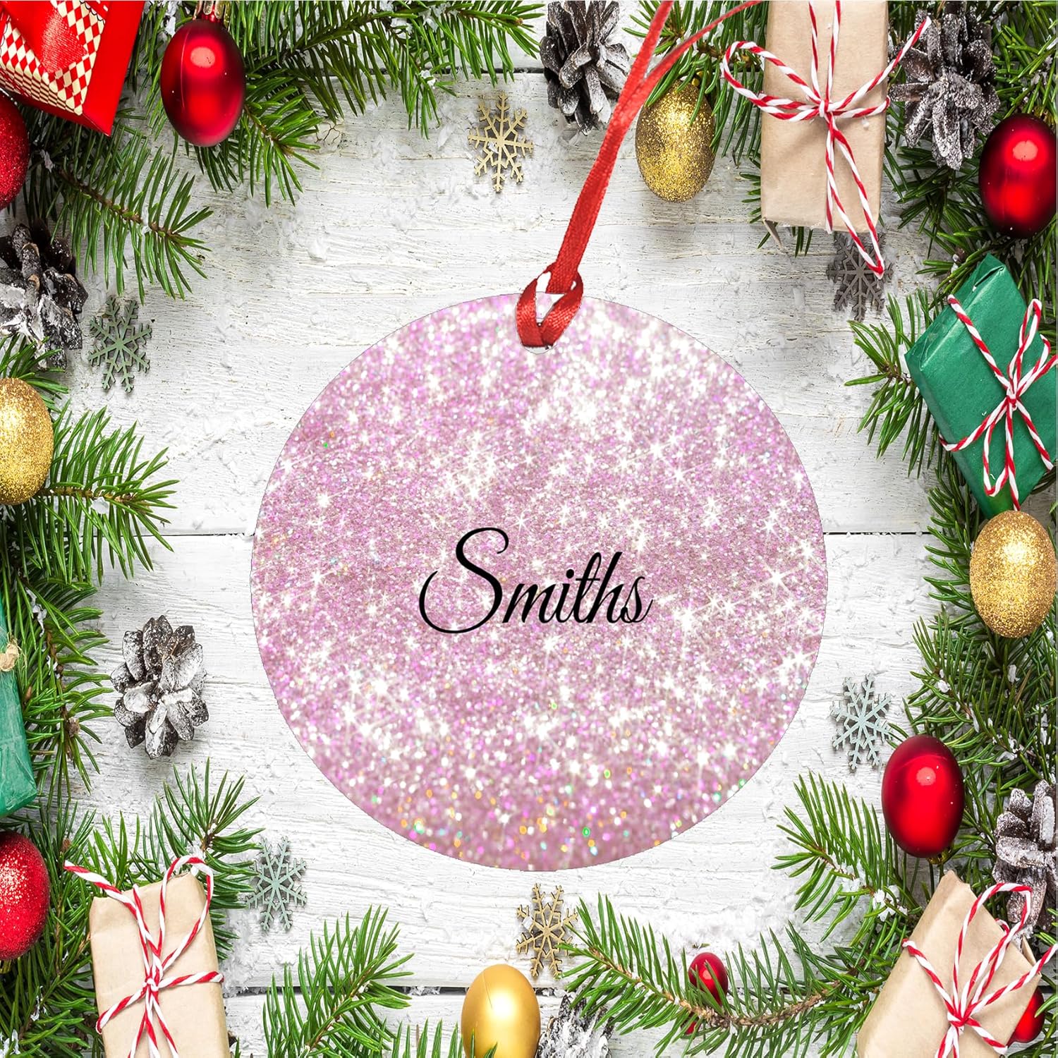 Adornos de Navidad personalizados con purpurina rosa, adornos personalizados para árbol de Navidad, divertidos adornos de Navidad 2023, decoración