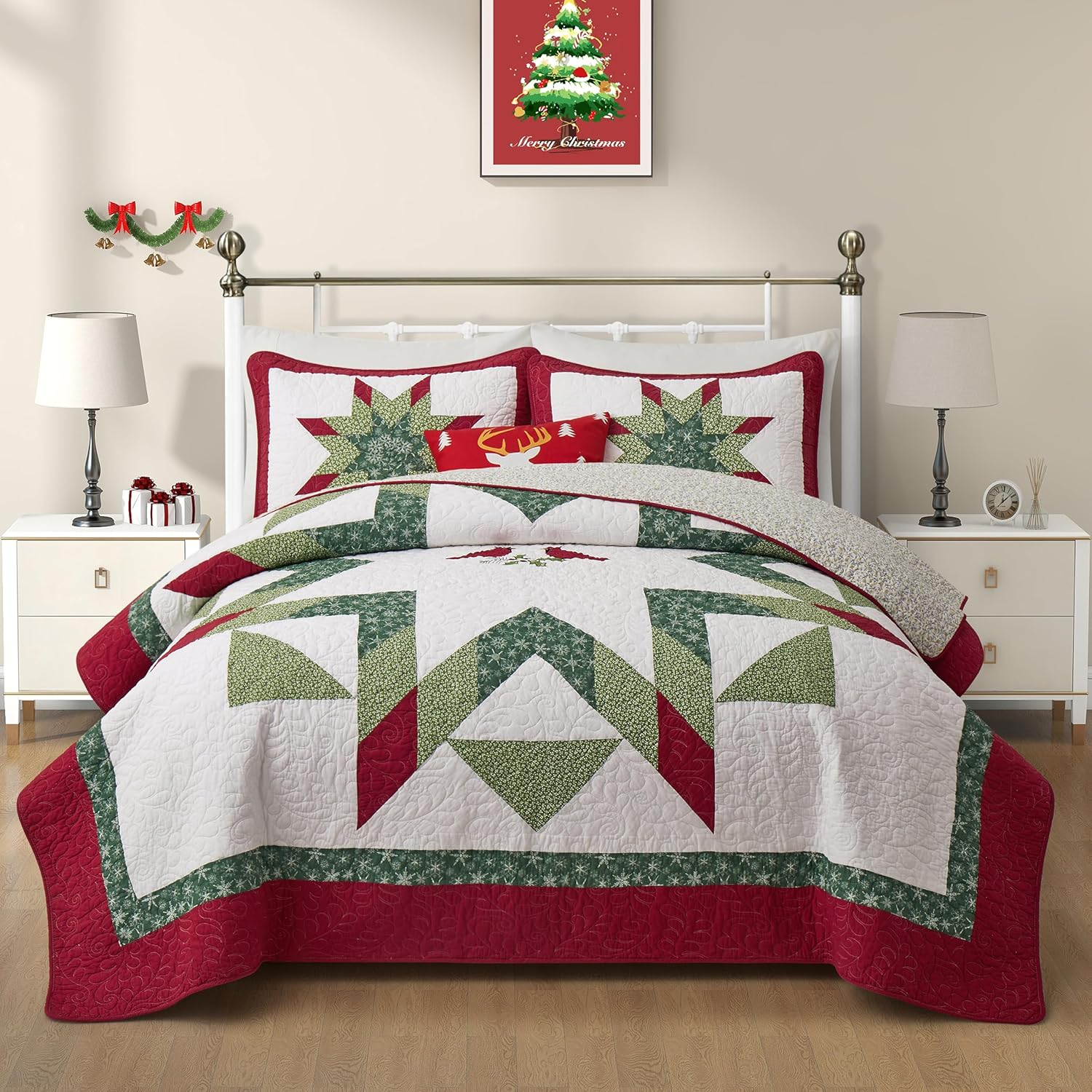 NELIFDER Juego de edredón de Navidad, tamaño Queen, 100% algodón, diseño de copo de nieve rojo, pájaro blanco, diseño de copos de nieve, diseño de
