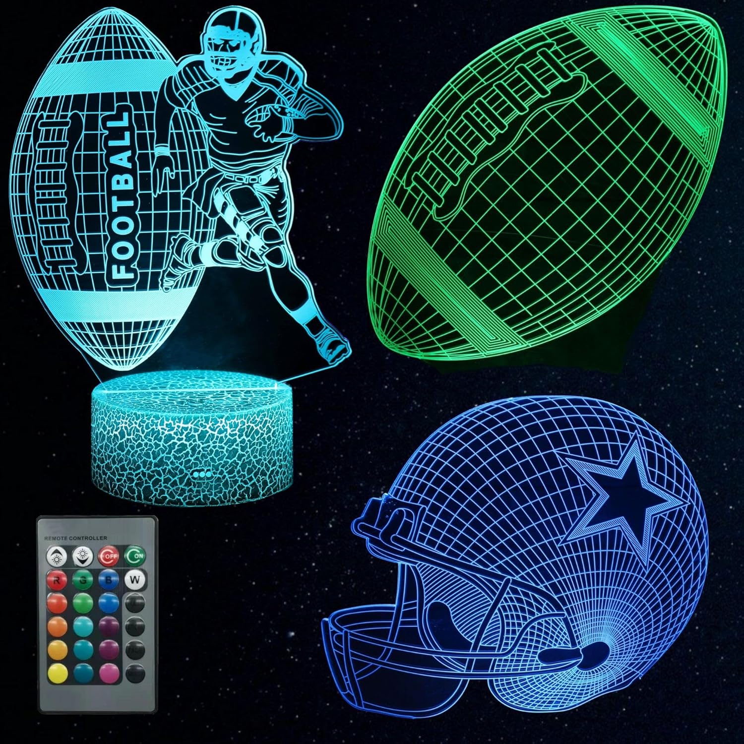 Kenmaca Casco de jugador de fútbol con luz nocturna para dormitorio de niños, lámpara de ilusión 3D, 3 patrones, 16 colores que cambian de color,