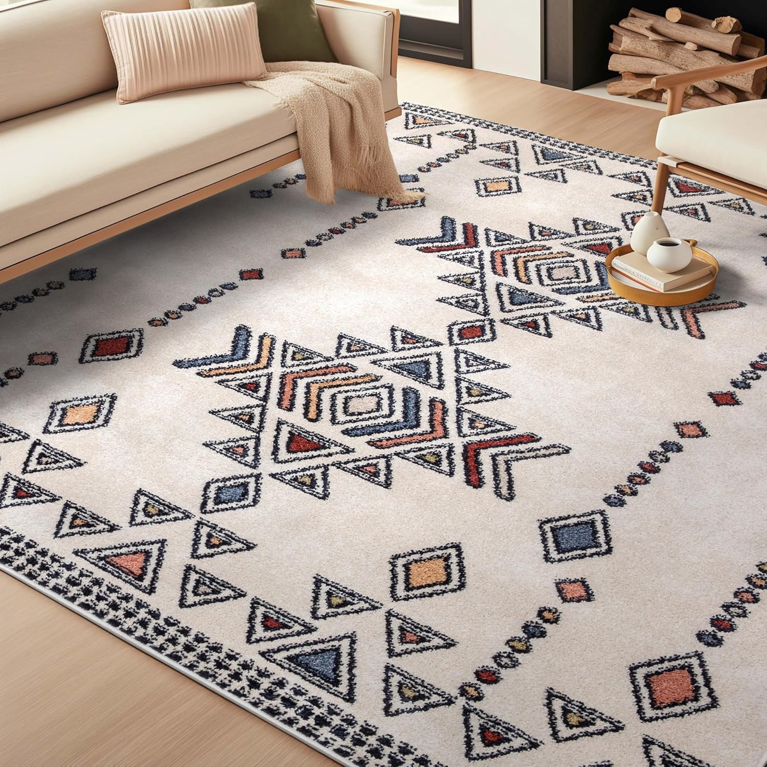 Well Woven Halley – Alfombra de área multicolor con patrón de diamantes tribales beige de 8 x 10 pies (7 pies 10 pulgadas x 10 pies 6 pulgadas)
