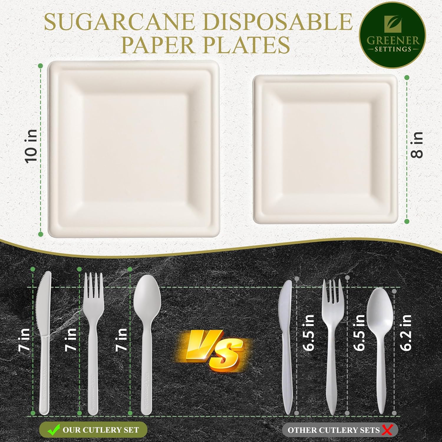 Greener Settings Juego de vajilla compostable de 300 piezas, platos ecológicos de caña de azúcar, biodegradables y desechables, 50 platos cuadrados,