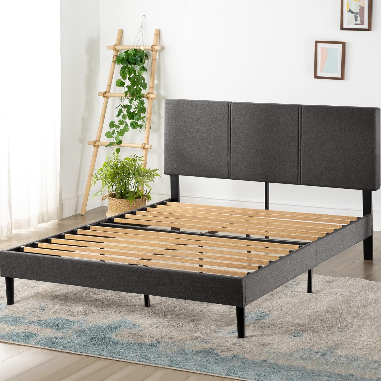 ZINUS Cambril – Base de cama tapizada con listones de bambú sostenibles, no necesita somier, base de colchón, fácil montaje, tamaño Queen