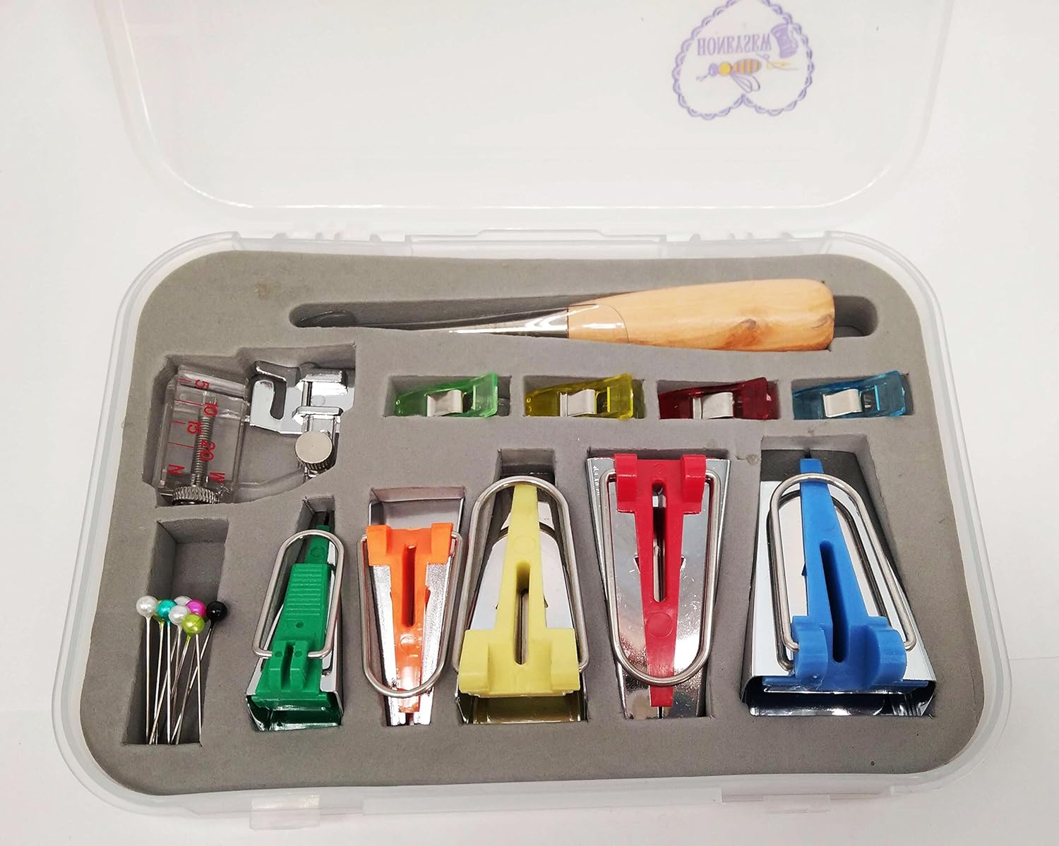 HONEYSEW Kits de cinta al bies para todos los 5 tamaños, 0.236 in, 0.354 in, 0.472 in, 0.709 in, 0.984 in, clips para manualidades, pasador de punzón