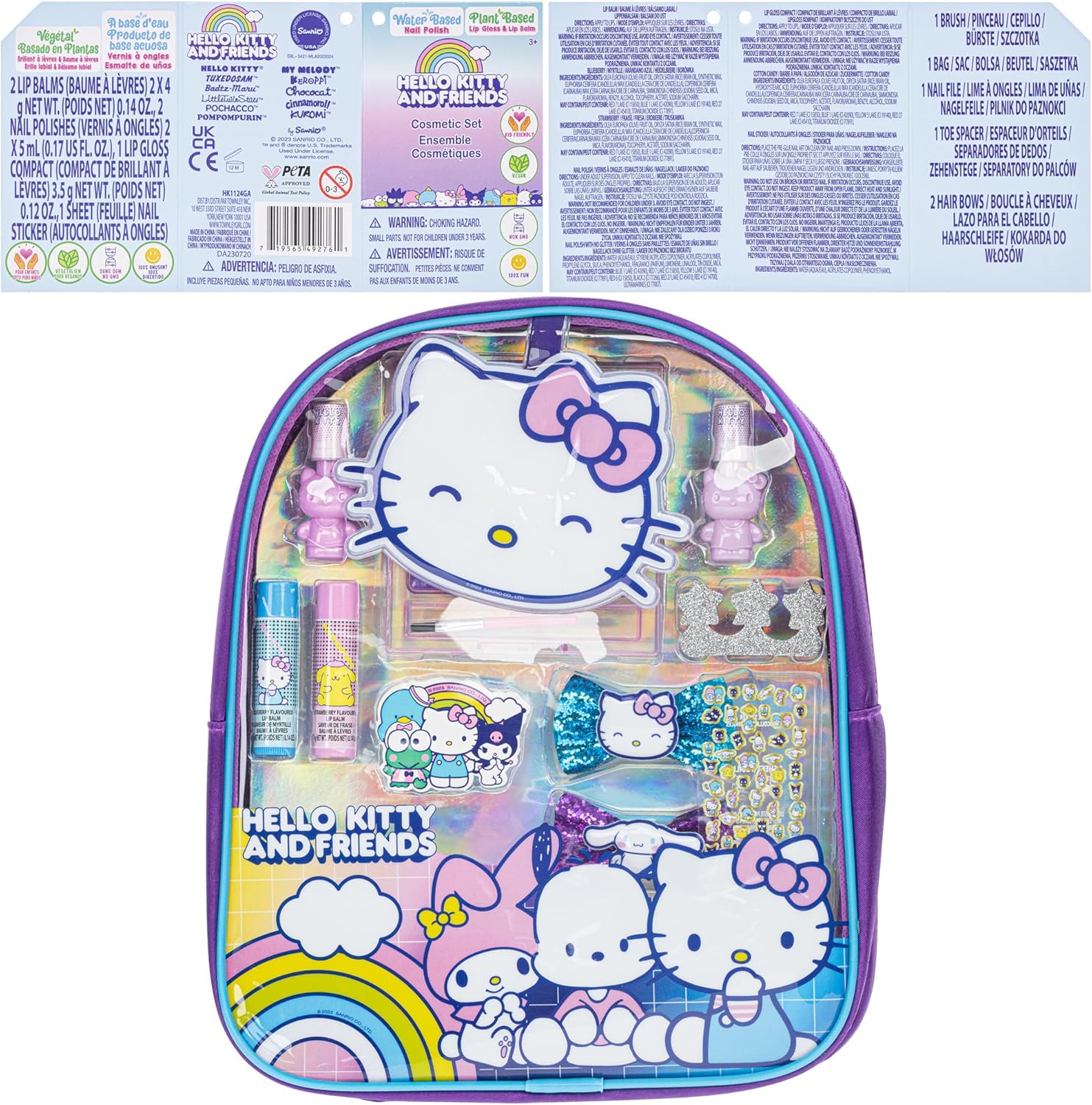 Hello Kitty and Friends – Juego de mochila rellena de maquillaje Townley Girl con 12 piezas, incluye brillo de labios, esmalte de uñas, piedras de
