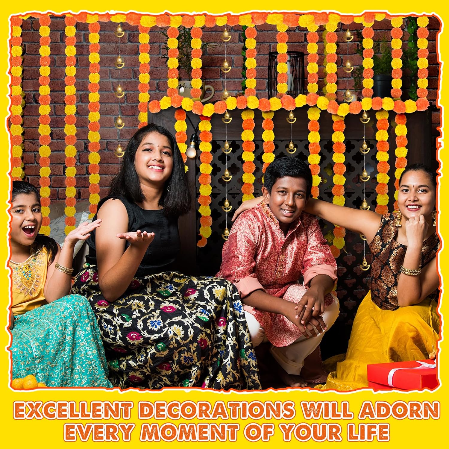 Yunsailing Diwali – Juego de 10 decoraciones para el Día de los Muertos, guirnalda de flores artificiales de caléndula de 5 pies y guirnalda de