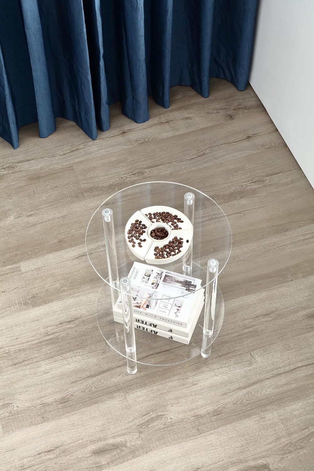 homzone Mesa auxiliar de acrílico transparente, mesa auxiliar, diseño de 2 niveles, para sala de estar, dormitorio, 16 pulgadas de largo x 16