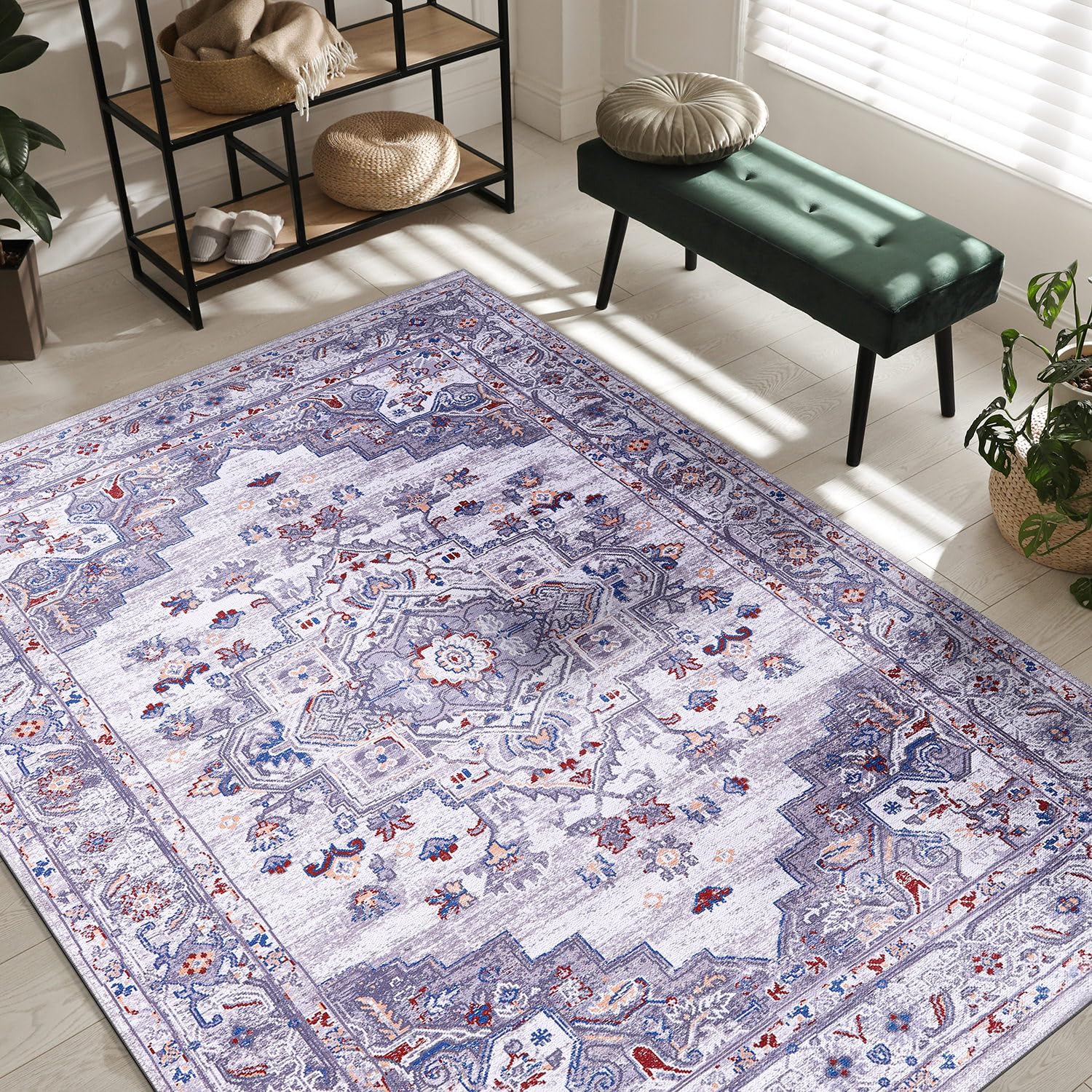 CAMILSON Alfombra lavable a máquina con parte trasera antideslizante para sala de estar o dormitorio, alfombra vintage lavable de 8 x 10 pulgadas,