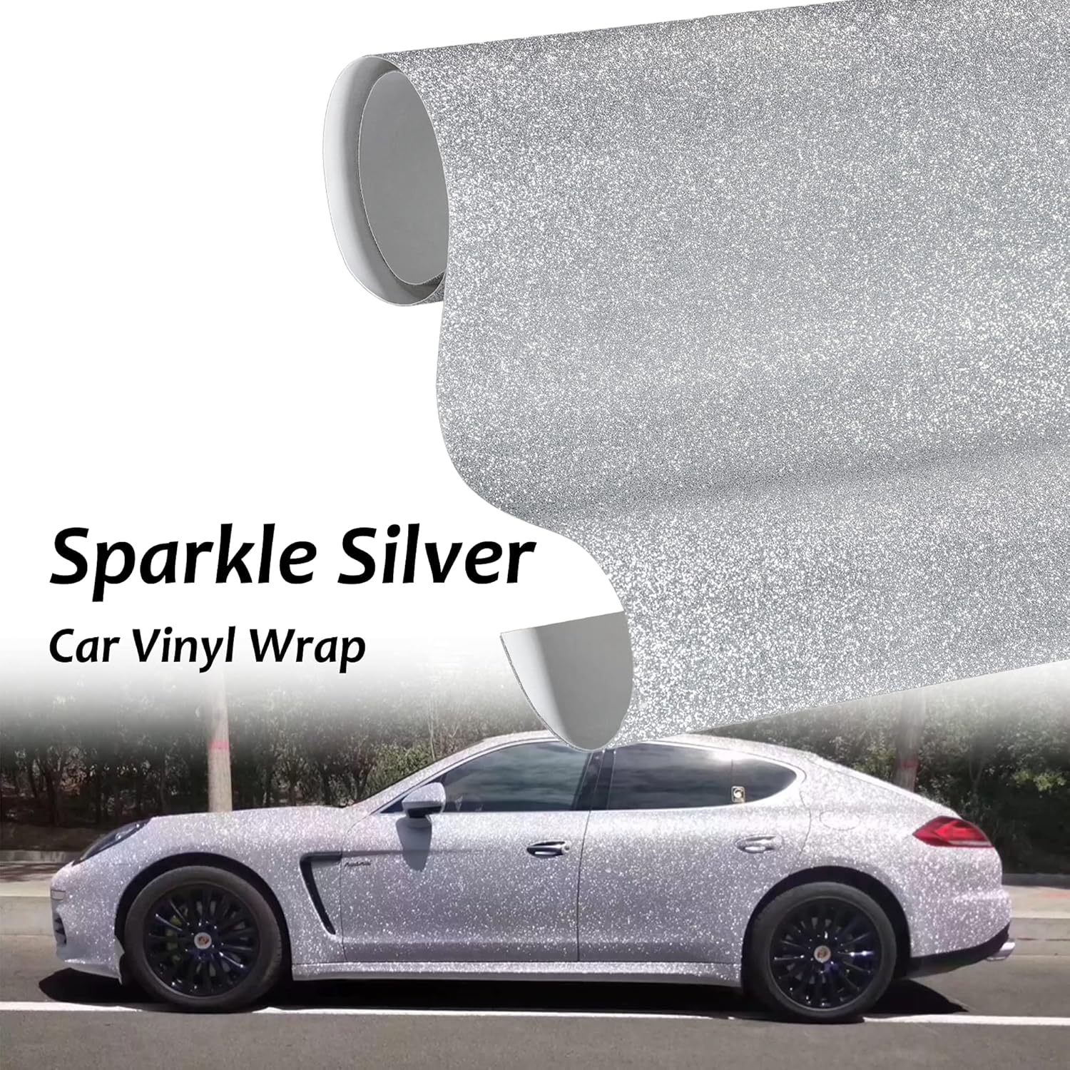 Rollo de vinilo plateado brillante para automóvil, con acabado de diamante plateado, 11.81 x 78.74 pulgadas