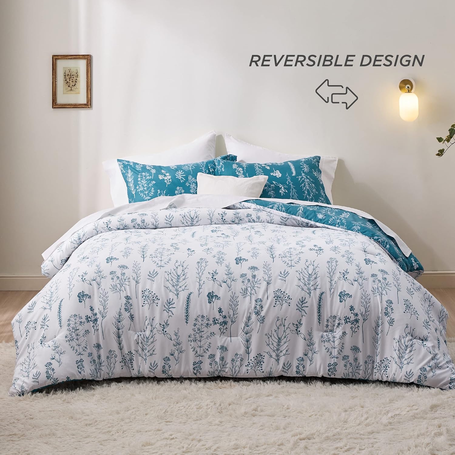 Bedsure Juego de edredón King  Edredón azul turquesa, bonitos juegos de edredón floral, 3 piezas, 1 edredón reversible suave con flores botánicas y
