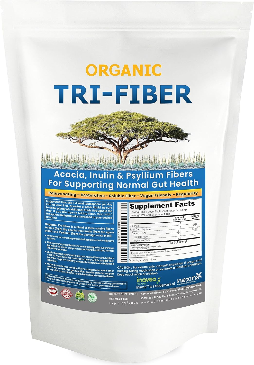 Kidney Restore Paquete de 2 suplementos de polvo orgánico de inulina de acacia psyllium de 16 onzas de fibra triple