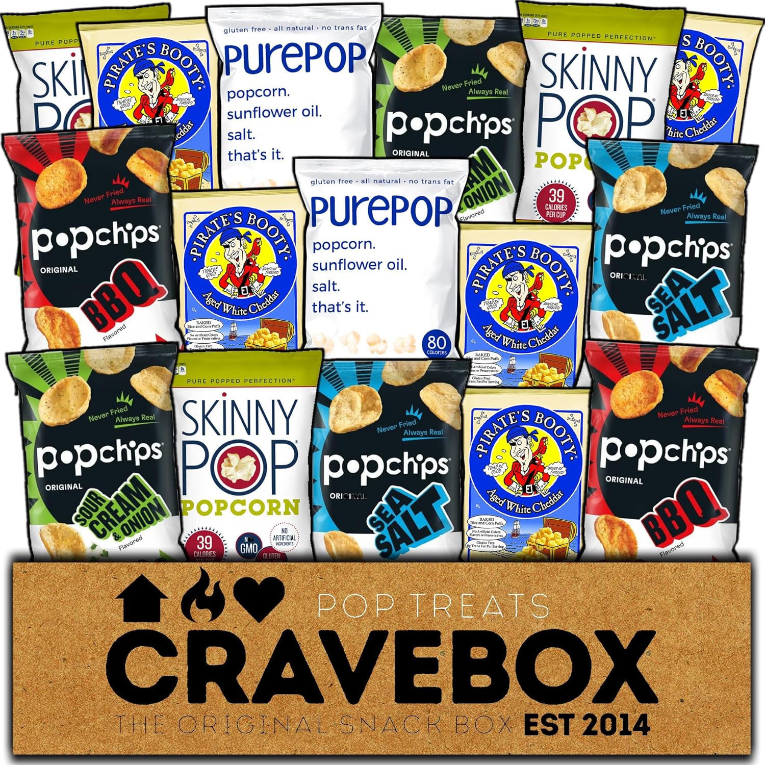CRAVEBOX Paquete variado de golosinas Pop Treats – Palomitas de maíz, papas fritas, botín de pirata, pop flaco, palomitas de maíz PurePop, paquete