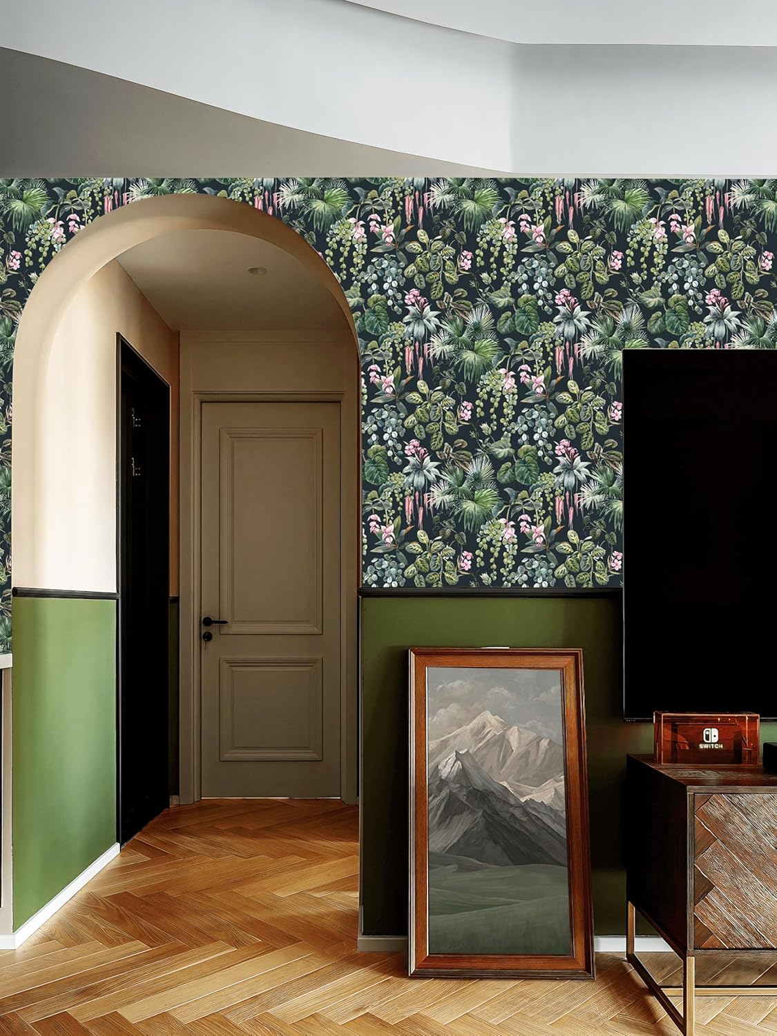 Ismoon Papel tapiz floral oscuro para despegar y pegar, papel tapiz tropical, papel de contacto verde, papel de contacto verde, papel tapiz de