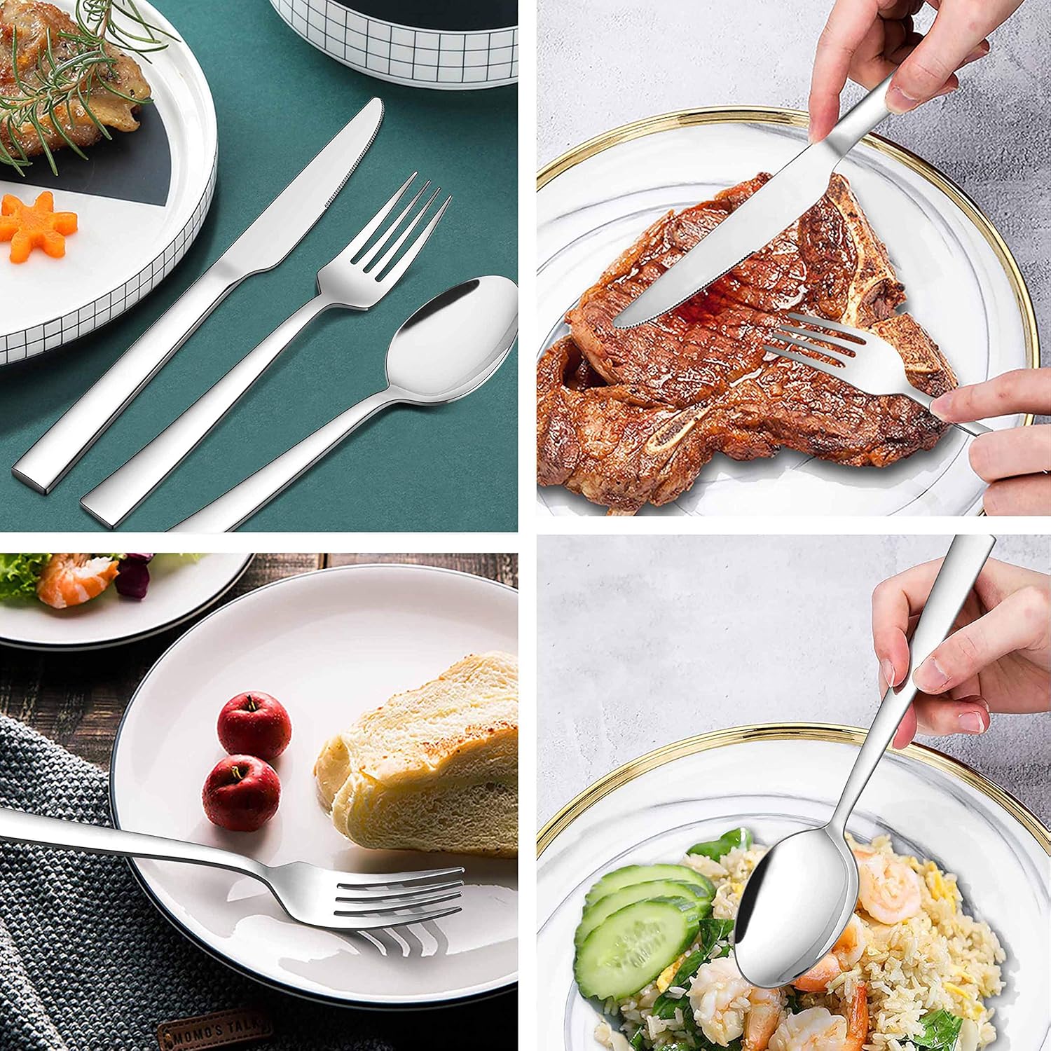 Homikit Juego de cubiertos de 60 piezas de cubiertos cuadrados de acero inoxidable para 12, utensilios de comida, incluye cuchillo, cuchara y