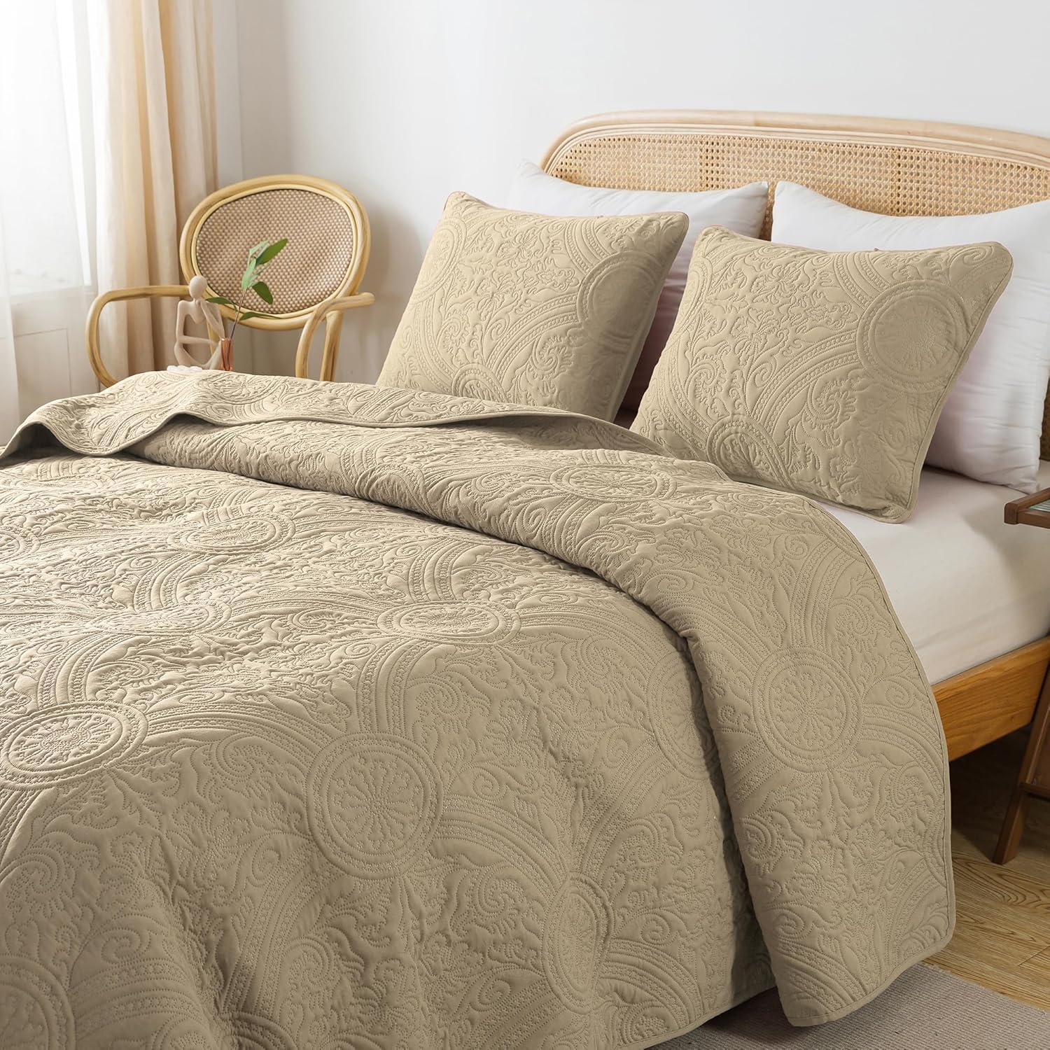Juego bohemio de ropa de cama con fundas de almohada, colcha ligera extragrande, manta acolchada y delgada, 3piezas, 118 x 106pulgadas, tamaño