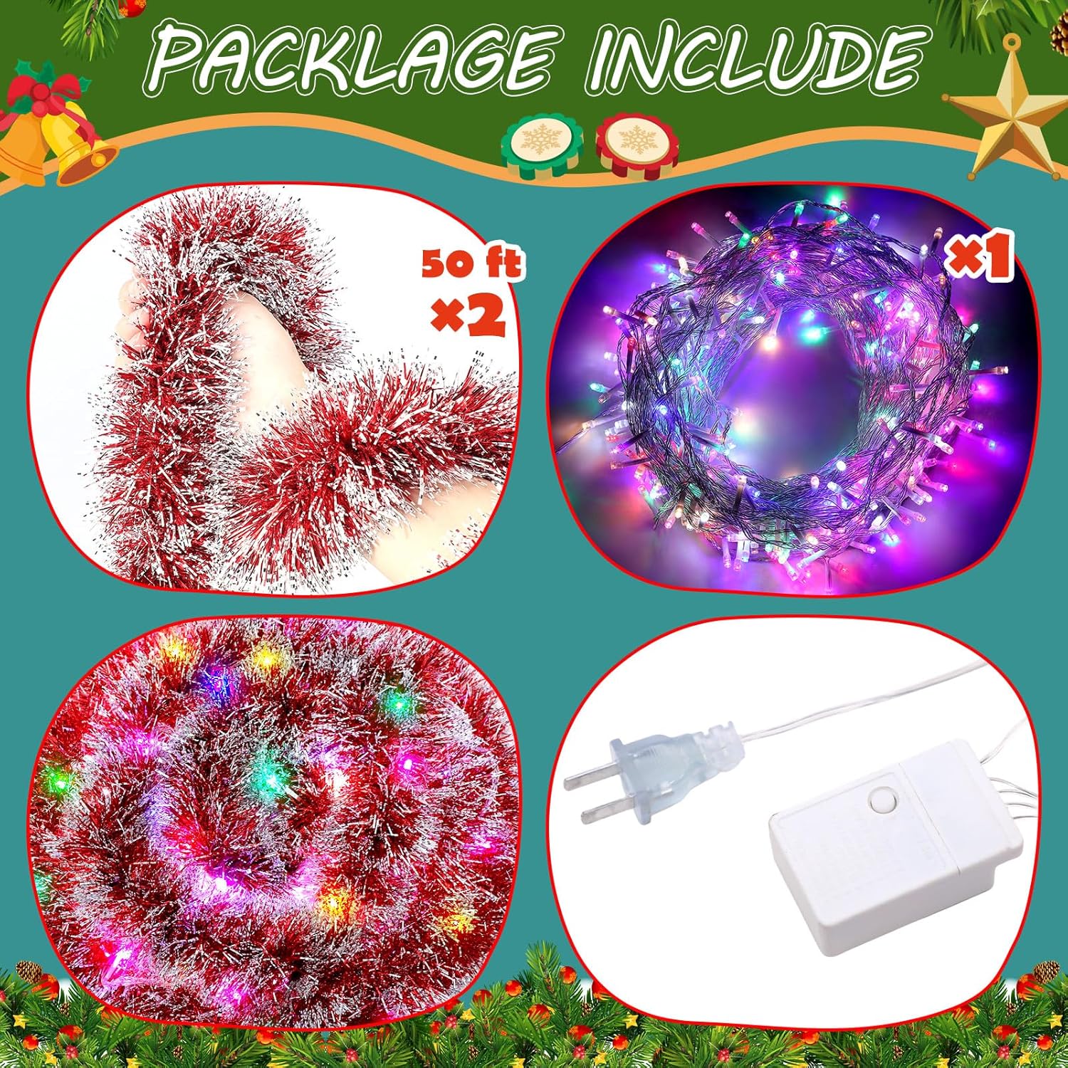 Liliful Guirnalda de oropel preiluminada de 100 pies con 300 luces LED 2024, guirnalda metálica colgante de papel de aluminio con luces multicolor
