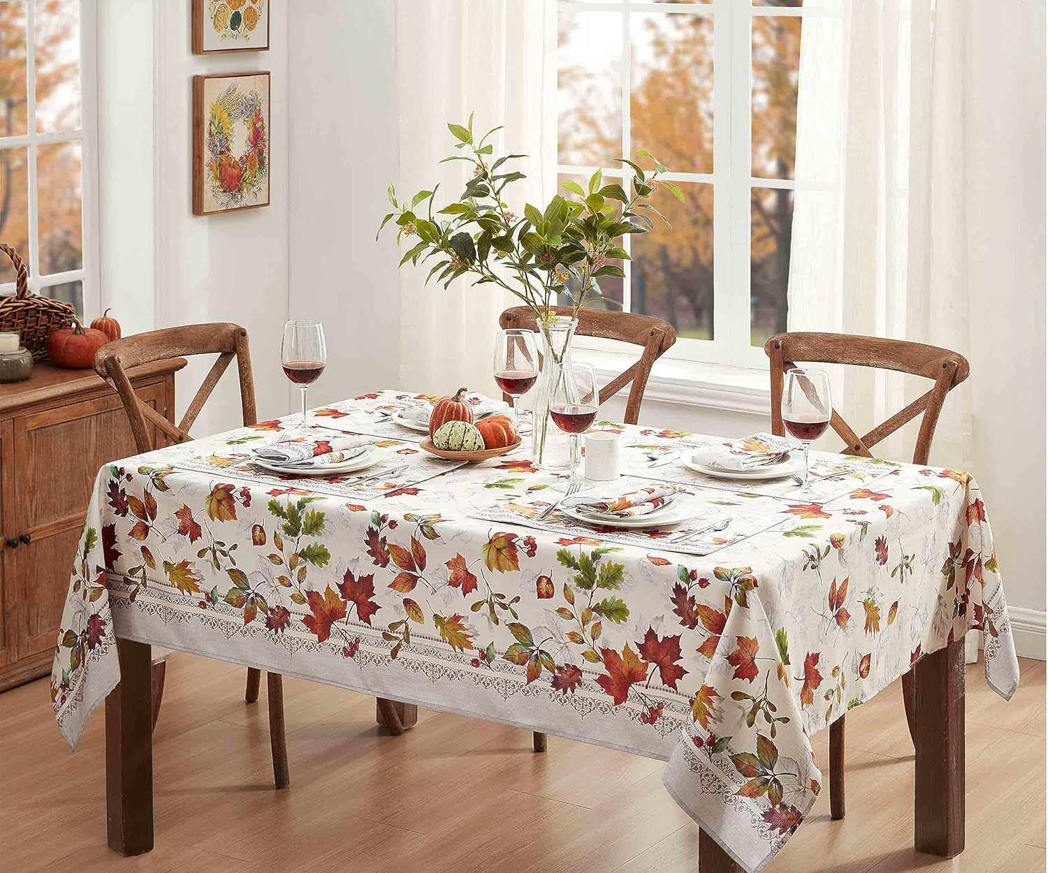 Newbridge Autumn Essentials – Mantel de tela con borde de follaje de otoño, hojas cambiantes, de fácil cuidado, a prueba de manchas, resistente a