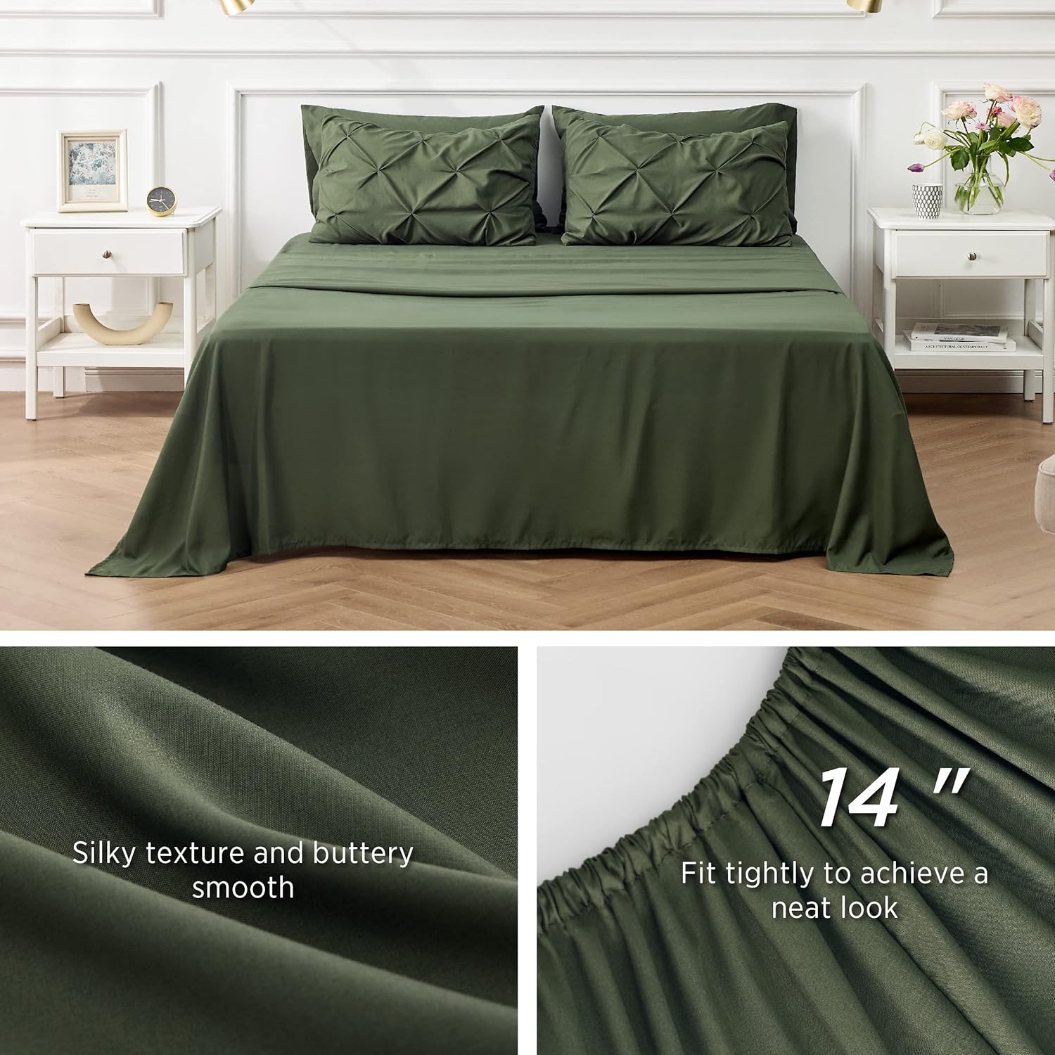 Bedsure Juego de edredón verde oliva tamaño Queen, cama en una bolsa, tamaño Queen, 7 piezas, juego de ropa de cama verde oliva con edredones,
