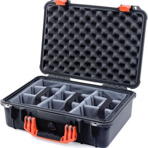 Pelican Funda negra y naranja 1500 con divisores acolchados CVPKG grises. Pelican Funda negra y naranja 1500 con divisores acolchados CVPKG grises.