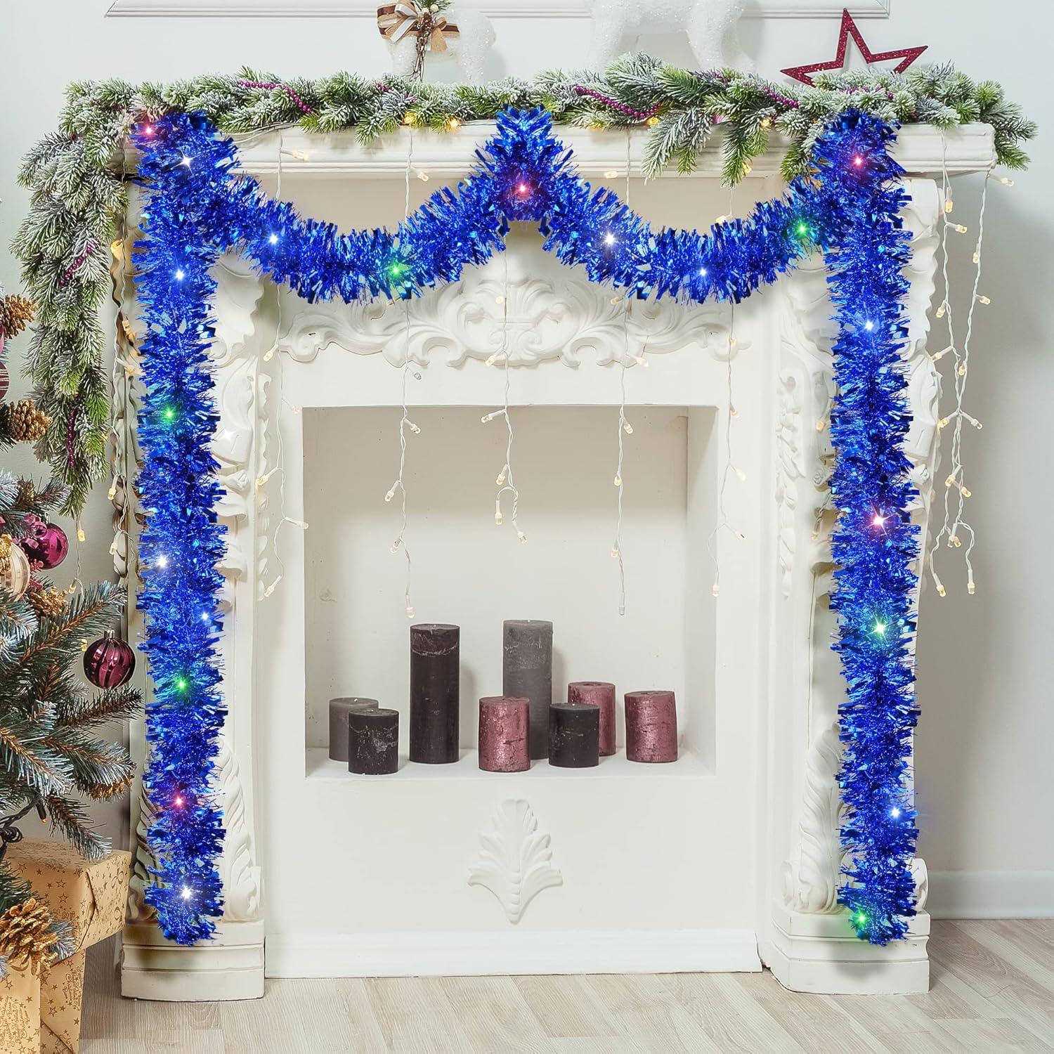 Fovths Guirnalda de oropel de Navidad de 39.4 pies con 120 luces LED, guirnalda de oropel colgante para decoración de árbol de Navidad, azul rey