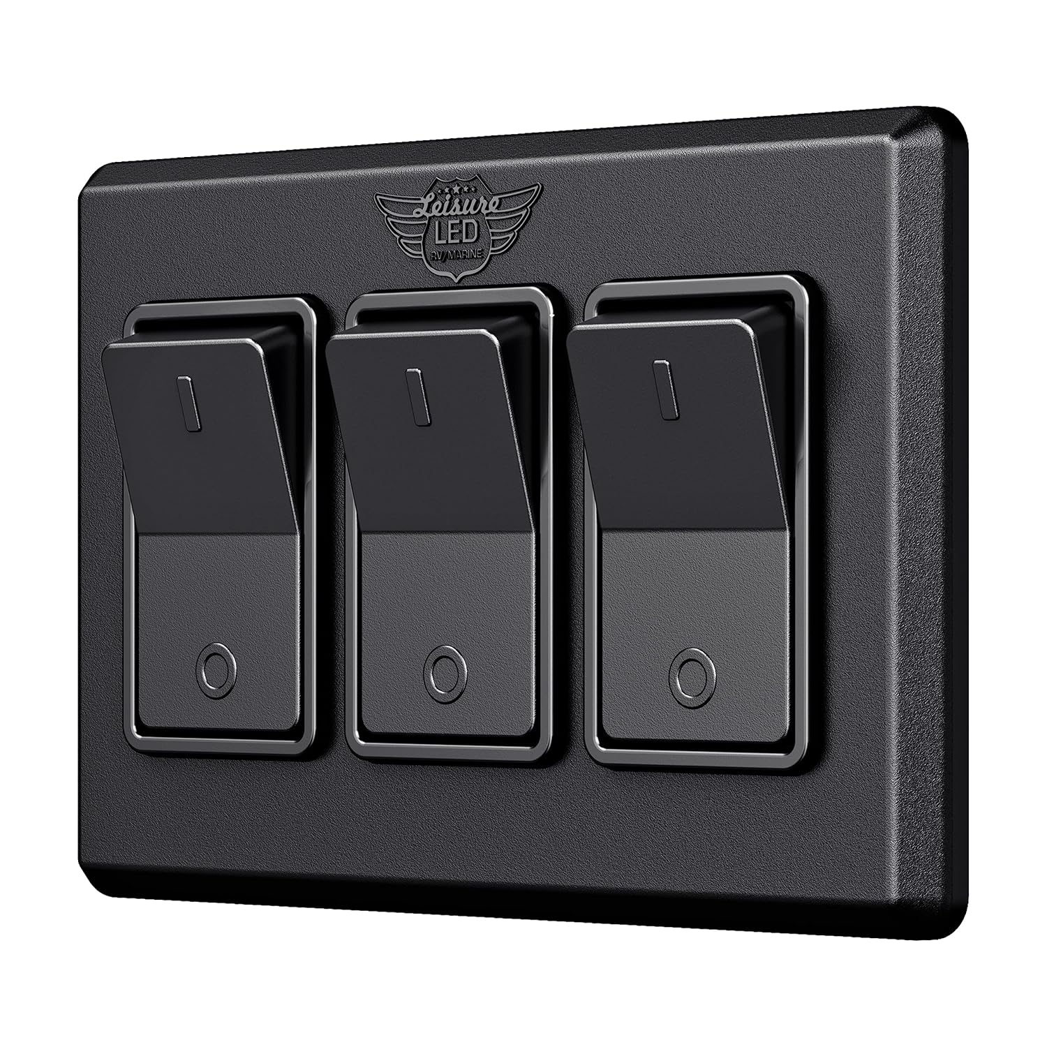 Leisure LED Moderno interruptor de encendido y apagado triple SPST con bisel, 12 voltios, para RV, remolque, cámper, con etiqueta adhesiva (negro)