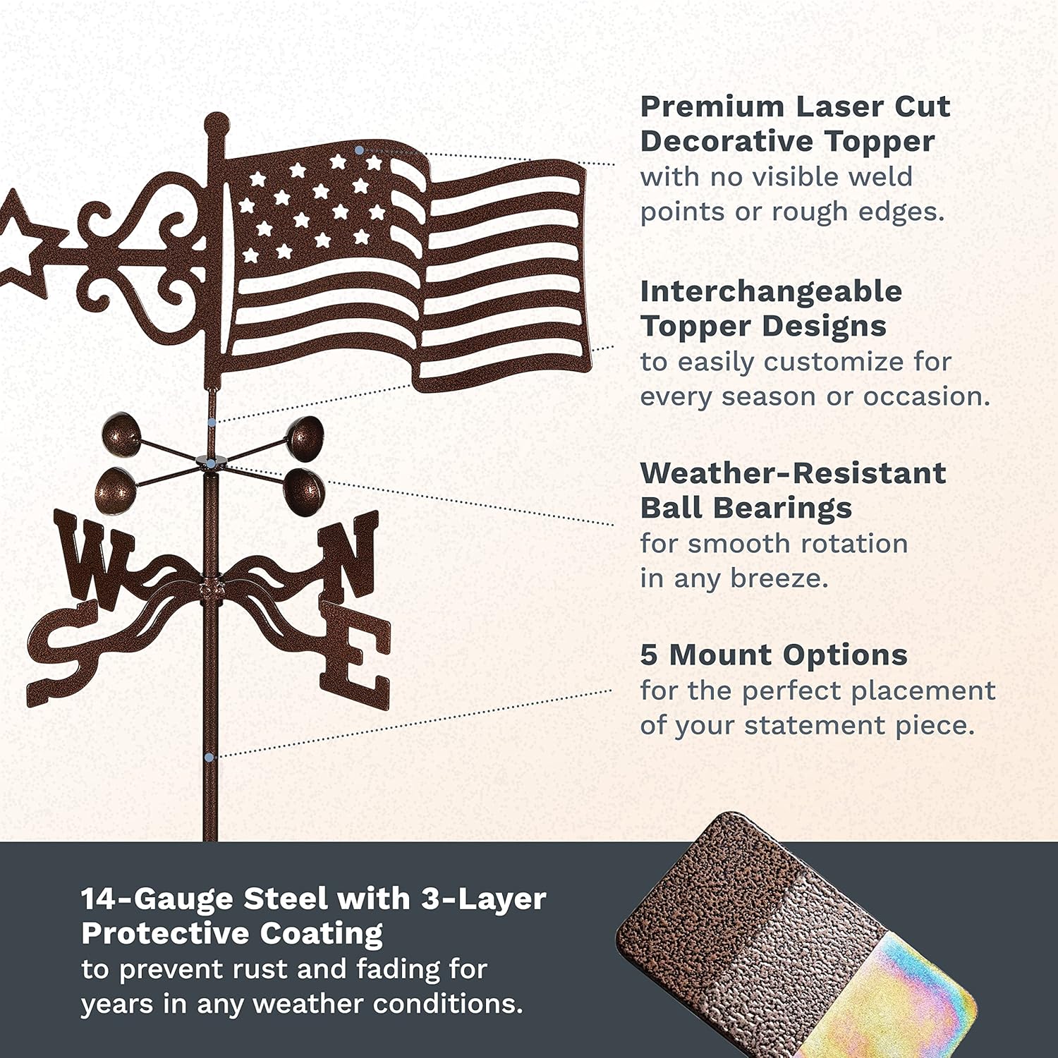 EZ Vane – Veleta de acero con bandera de Estados Unidos, 21 pulgadas de altura, incluye soporte de poste de metal, vasos de viento y soportes, hecho