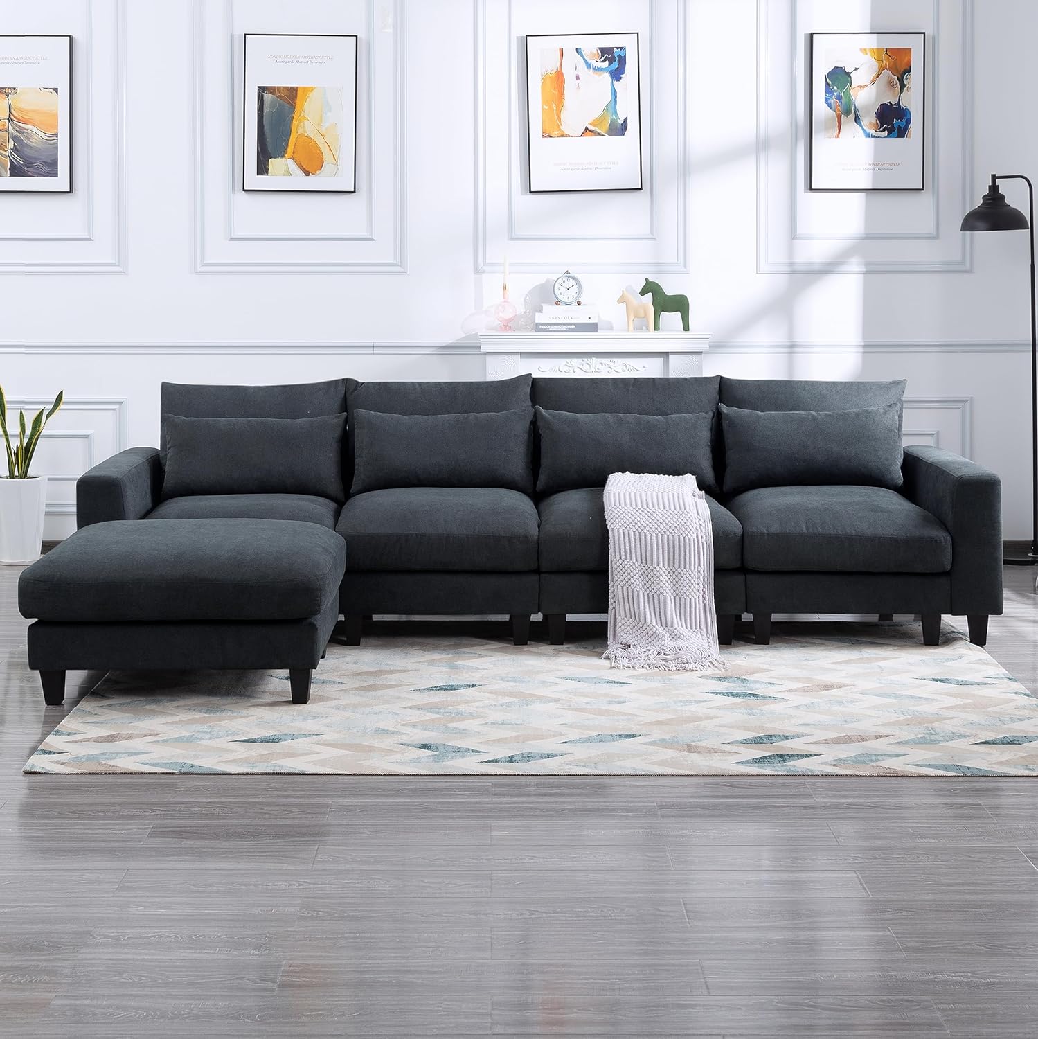 HBRR Sofá modular en forma de L, moderna tumbona seccional tapizada y otomana, 4 almohadas lumbares, sofá de gran tamaño de 5 asientos para sala de