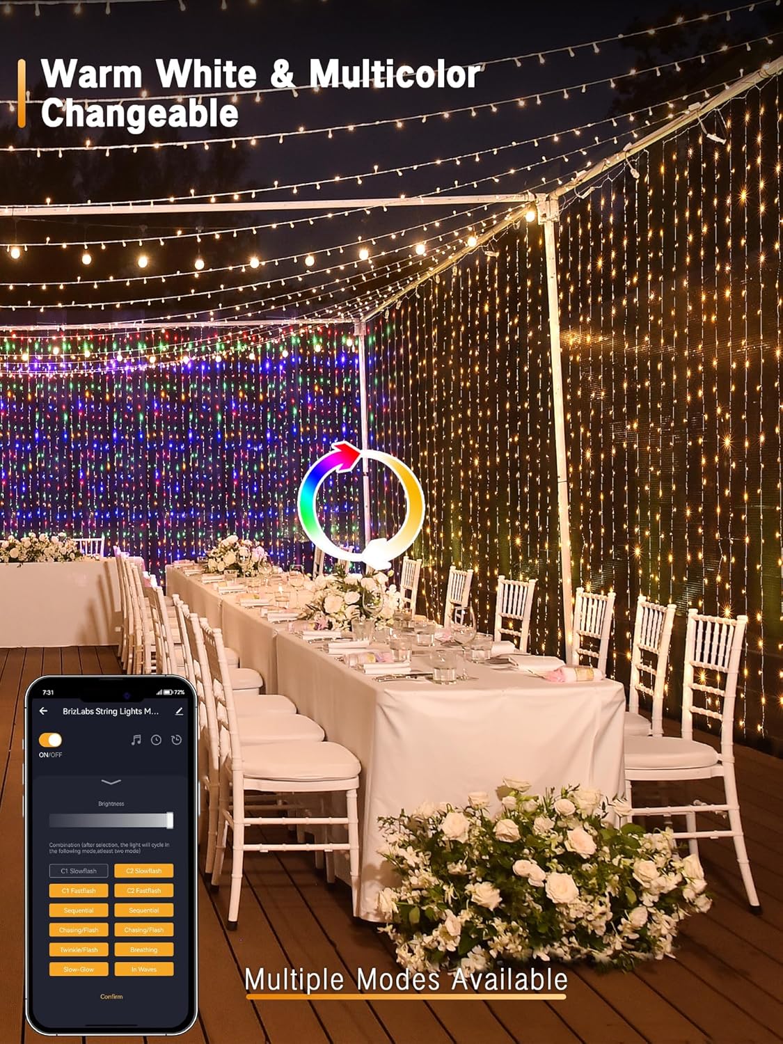 Brizled Luces de Navidad inteligentes que cambian de color, 66 pies, 200 LED, blanco cálido y multicolor, control de aplicación, luces de hadas