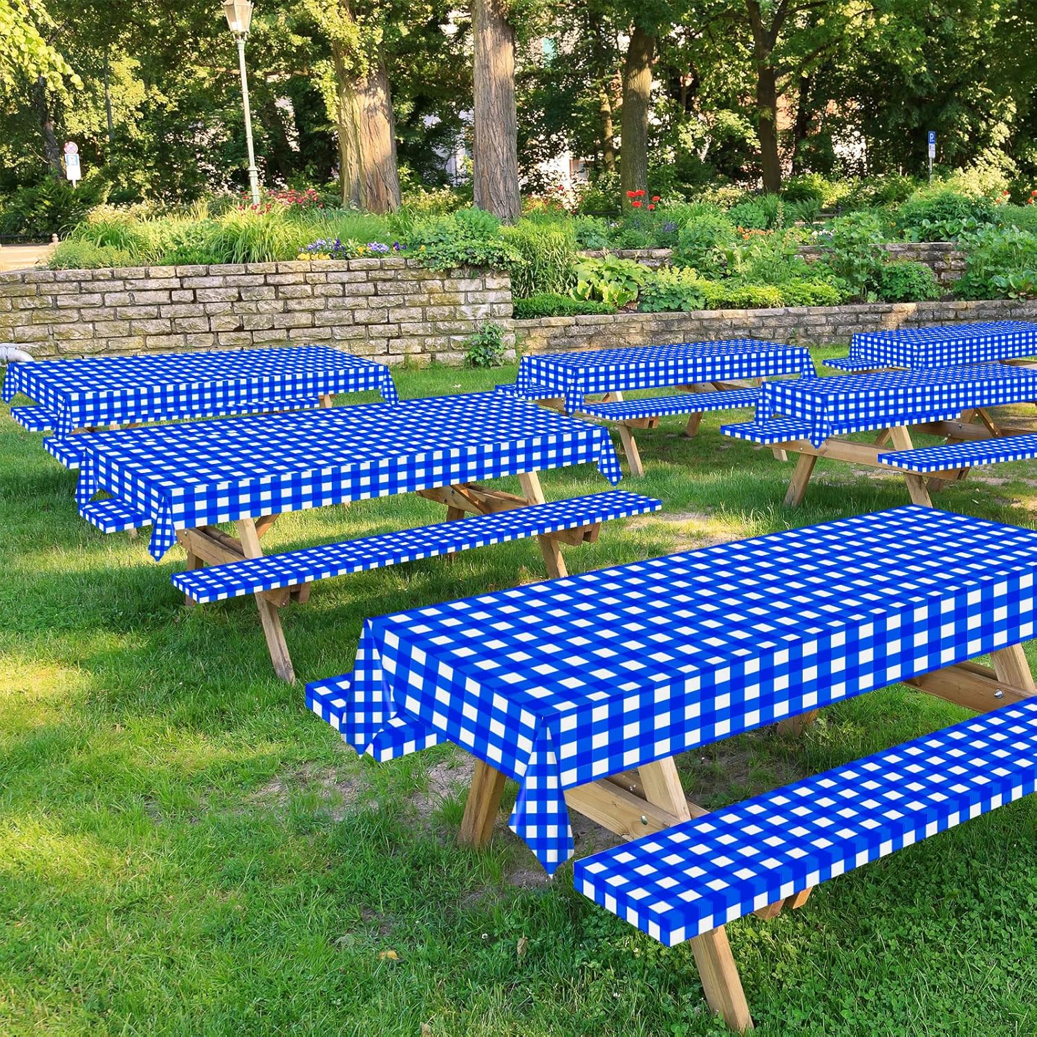 Blue Gingham Checkered Tablecloth Roll 52 in x 100 Ft with Slide Cutter Plastic Table Cloth Roll Blue Gingham Plastic Picnic Party Table Cover for