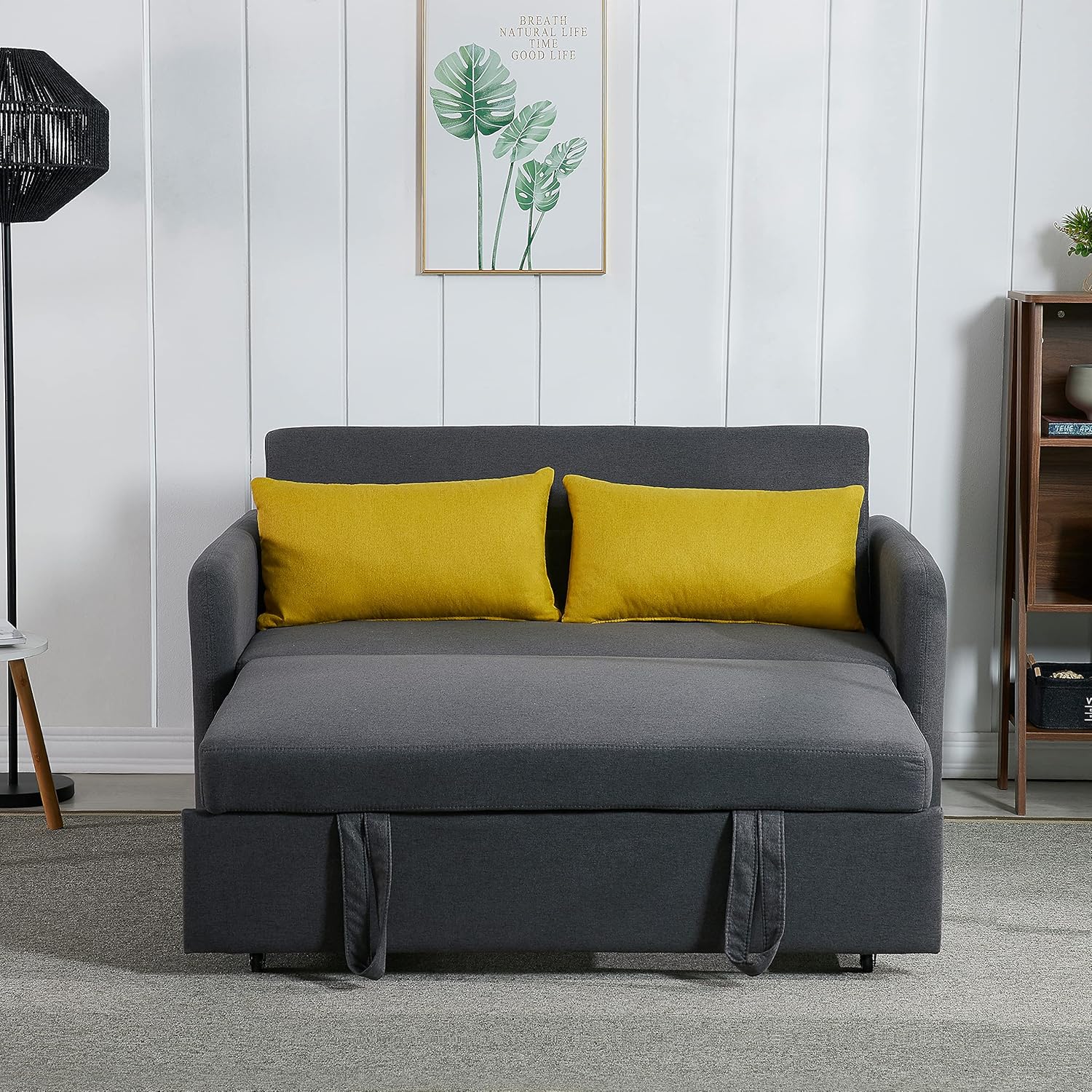 Puertos USB de 55.5 pulgadas y bolsillos laterales, convertible multifuncional 3 en 1, 2 almohadas lumbares, sofá biplaza con cama extraíble, para
