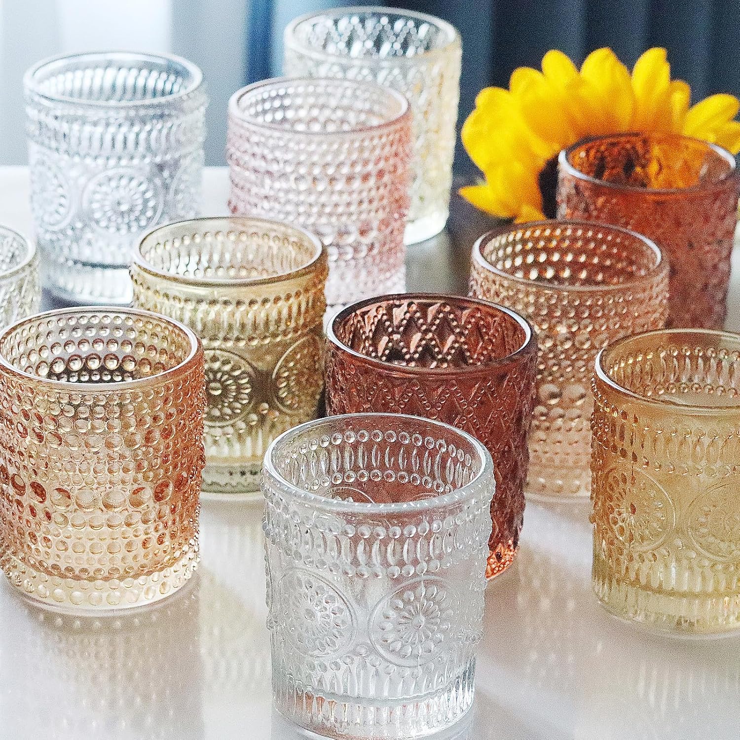 24 portavelas votivas de otoño, 6 colores, 3 patrones, portavelas para mesa de boda, centro de mesa, decoración de fiesta de cumpleaños