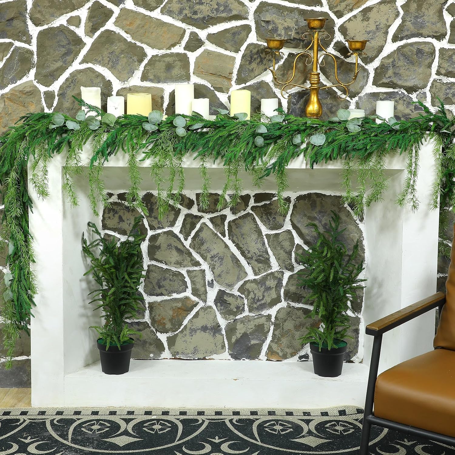 Guirnalda de pino Norfolk de Navidad, guirnalda artificial de vegetación sintética para decoración de manto interior de vacaciones (9 pies, 1 unidad)