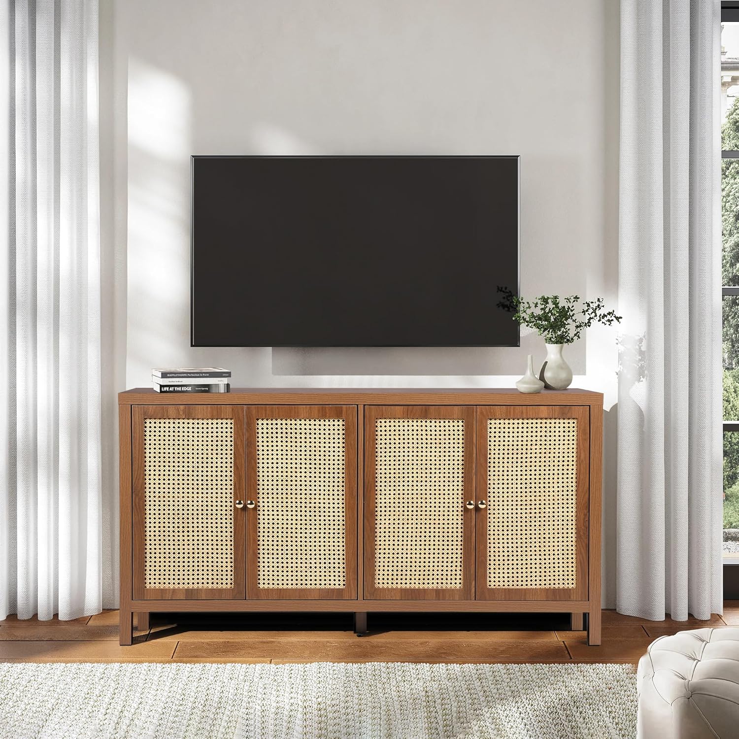 RARZOE Aparador de ratán, armario de almacenamiento con 4 puertas de ratán, moderna mesa consola de armario de almacenamiento con estantes