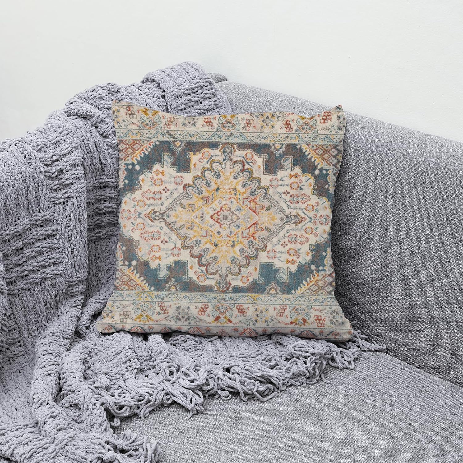 Juego de 2 fundas de almohada bohemias de 18 x 18 pulgadas, diseño étnico de lino, alfombra persa, patrón tribal, fundas decorativas para sala de