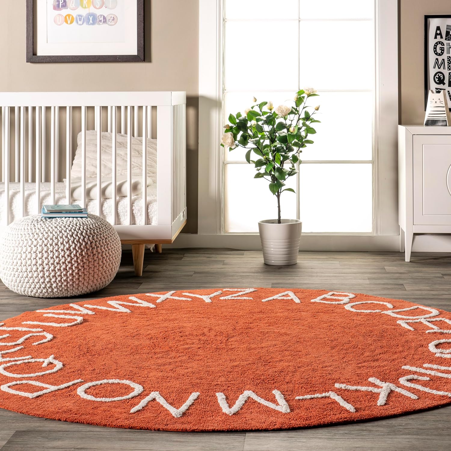 nuLOOM Alfombra redonda lavable con alfabeto para niños, 4 pies, redonda, óxido