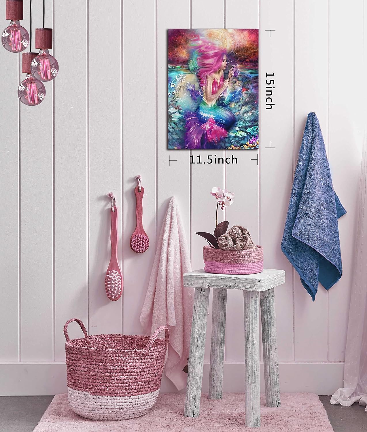 Xxliren Lienzo decorativo para pared de baño con imágenes de sirena, decoración de habitación de sirena rosa para dormitorio de niñas, tamaño de