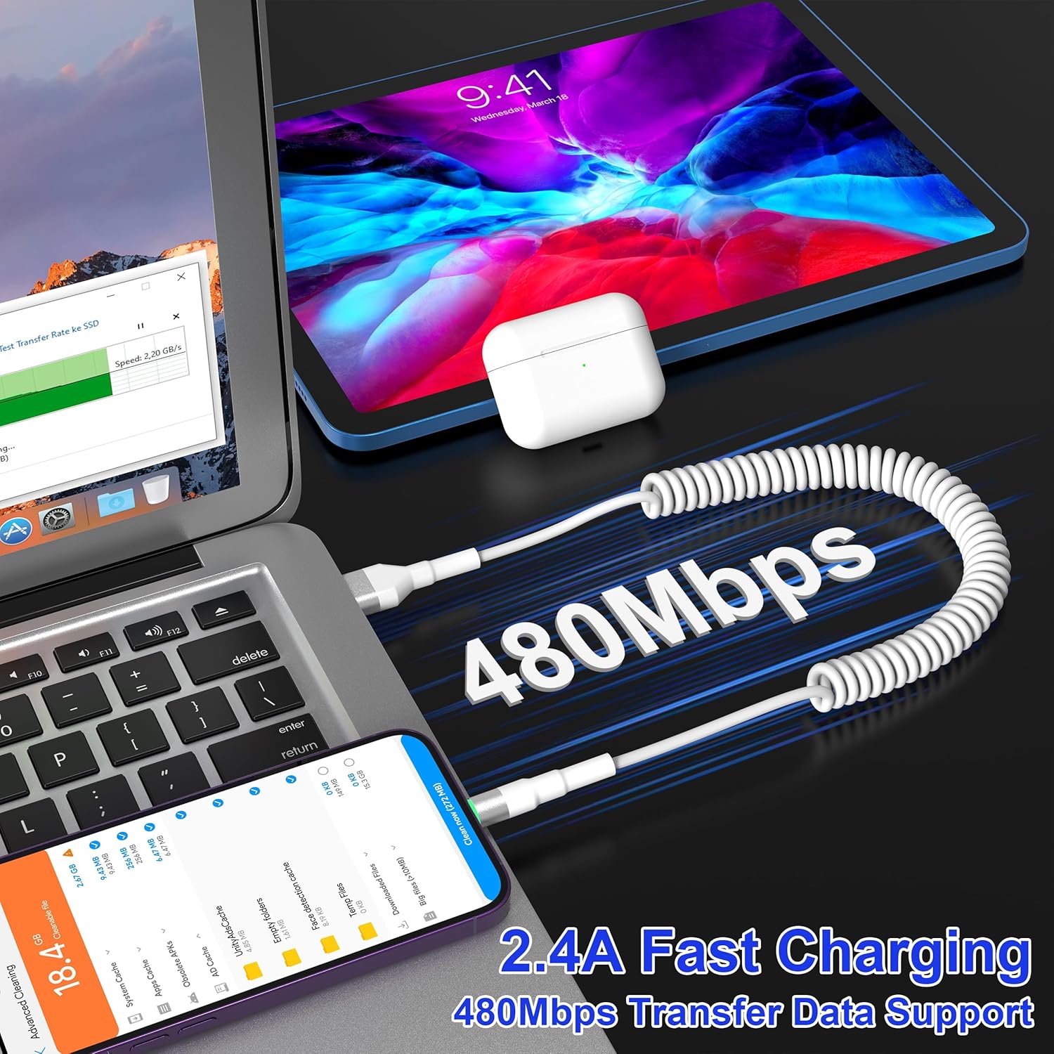 Cable USB a Lightning en espiral, cable de carga para iPhone de 5 pies para automóvil, certificado Apple MFi y sincronización de datos, para Apple