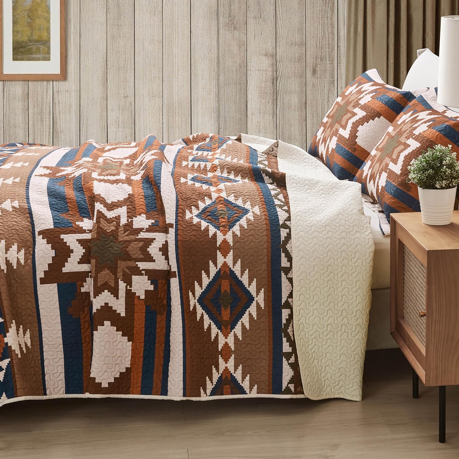 Southwestern – Juego de edredón tribal occidental, rústico, azteca, nativo americano, navajo, juego de ropa de cama de 3 piezas, color beige, gris